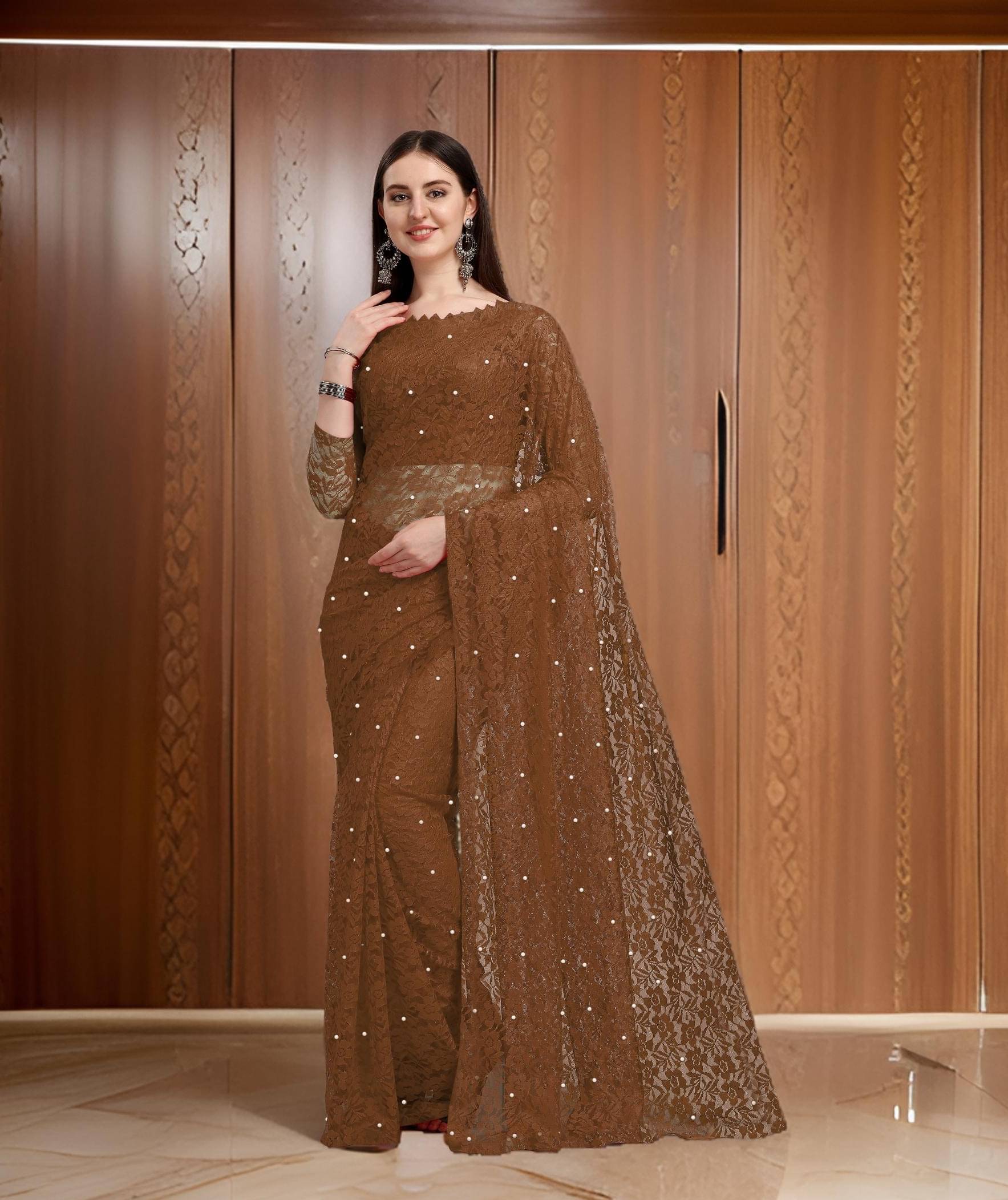 Fashion Field Net Self Design Saree With Unstitched Blouse Piece ( Coffee ) Fashion Field Net Self Design Saree With Unstitched Blouse Piece ( Coffee )