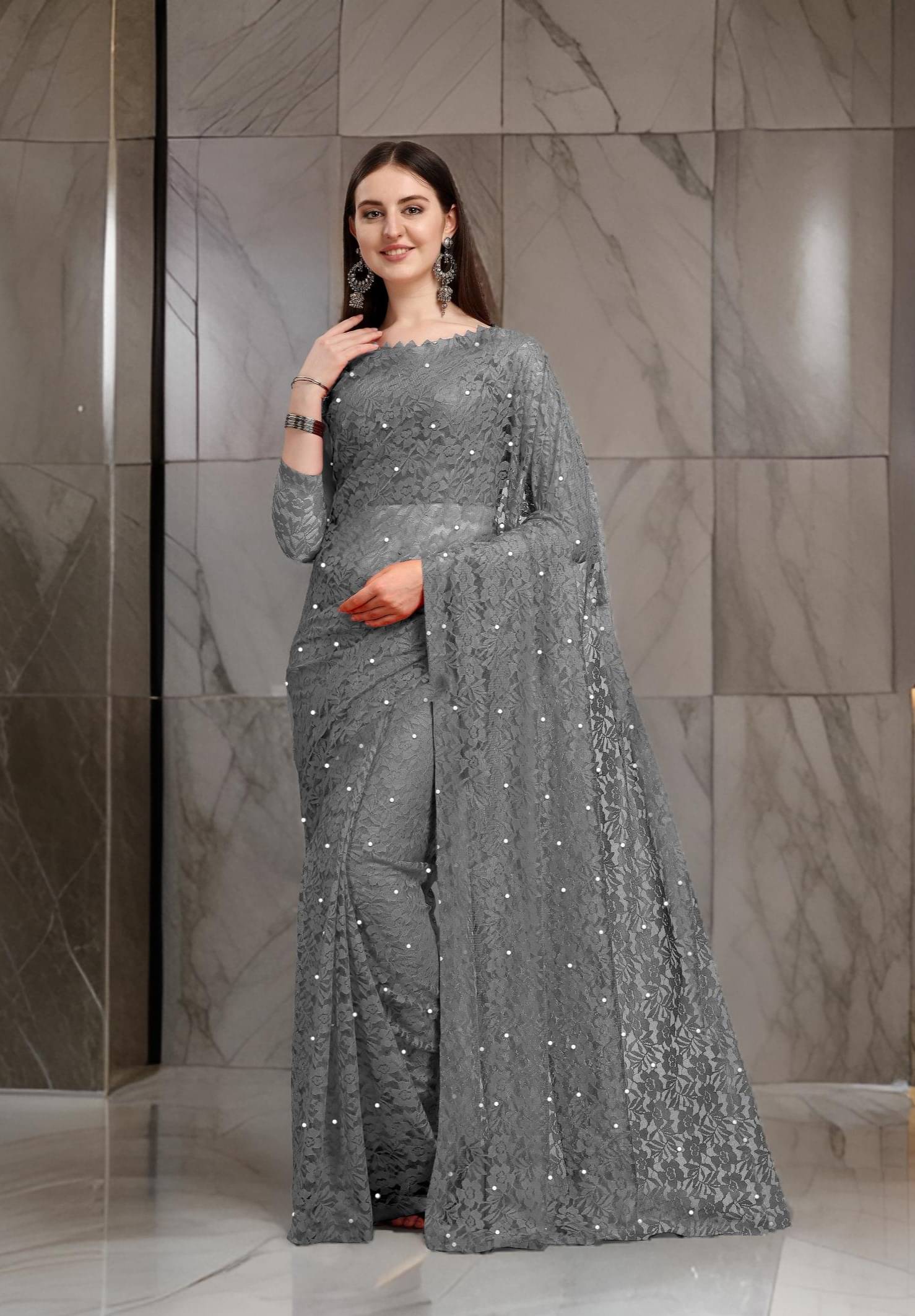 Fashion Field Net Self Design Saree With Unstitched Blouse Piece ( Grey ) Fashion Field Net Self Design Saree With Unstitched Blouse Piece ( Grey )