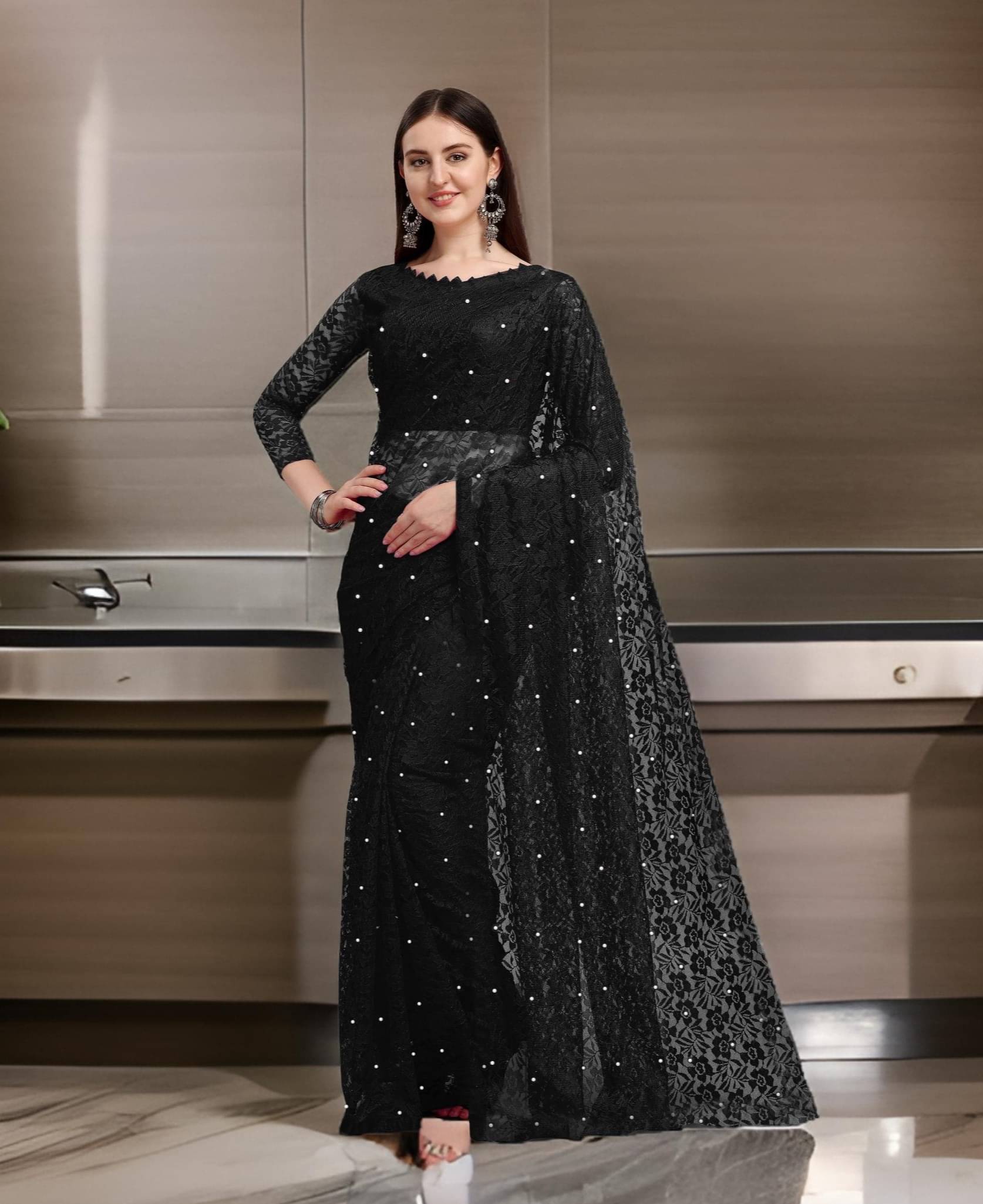 Fashion Field Net Self Design Saree With Unstitched Blouse Piece ( Black ) Fashion Field Net Self Design Saree With Unstitched Blouse Piece ( Black )