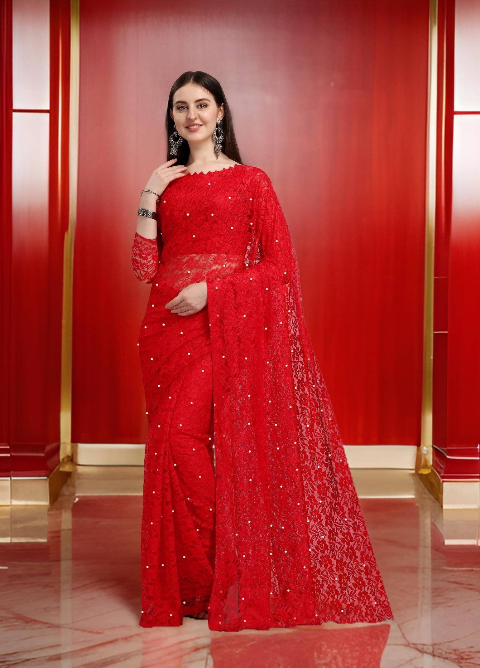     			Fashion Field Net Self Design Saree With Unstitched Blouse Piece ( Red )