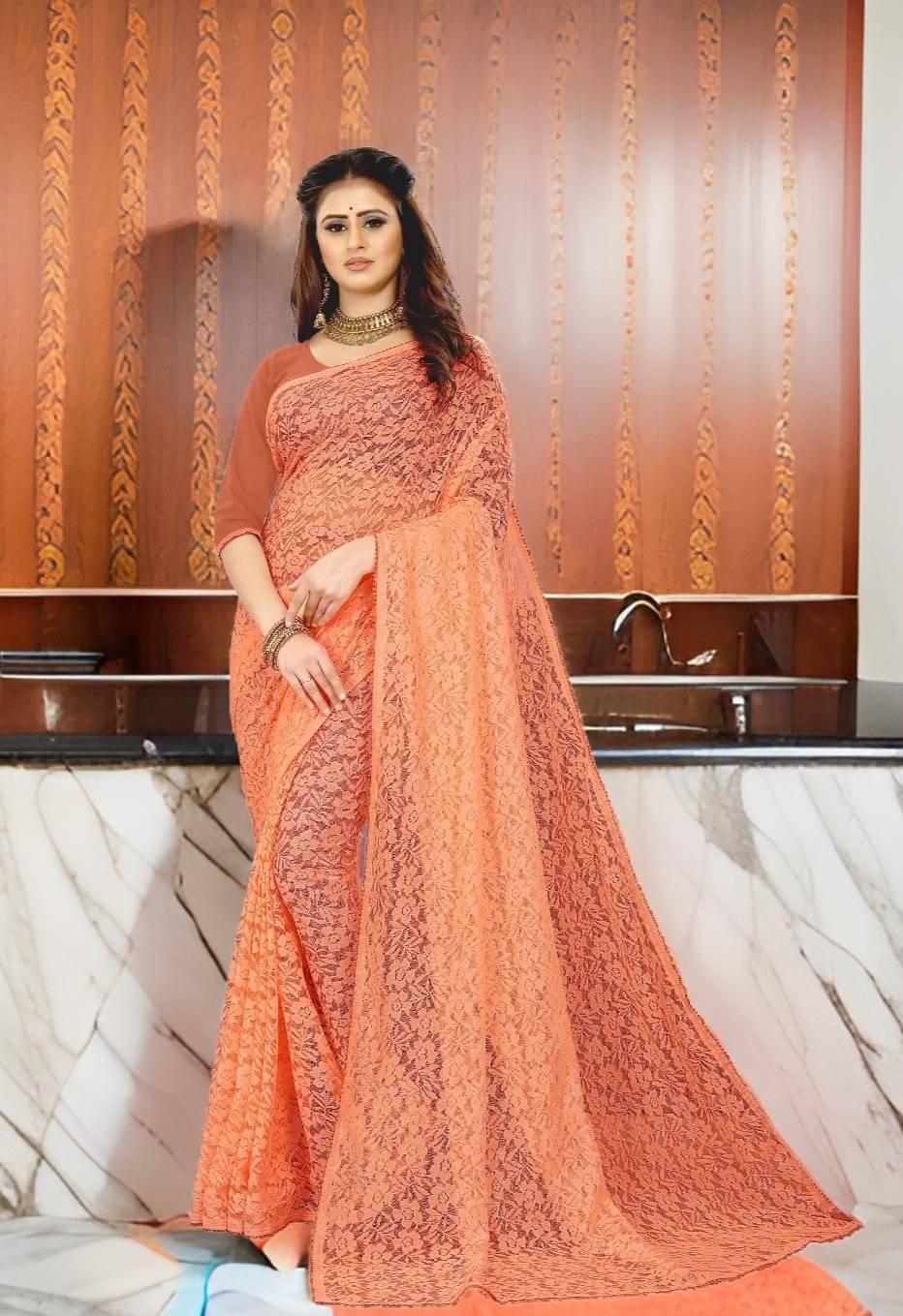 Fashion Field Net Self Design Saree With Unstitched Blouse Piece ( Orange ) Fashion Field Net Self Design Saree With Unstitched Blouse Piece ( Orange )