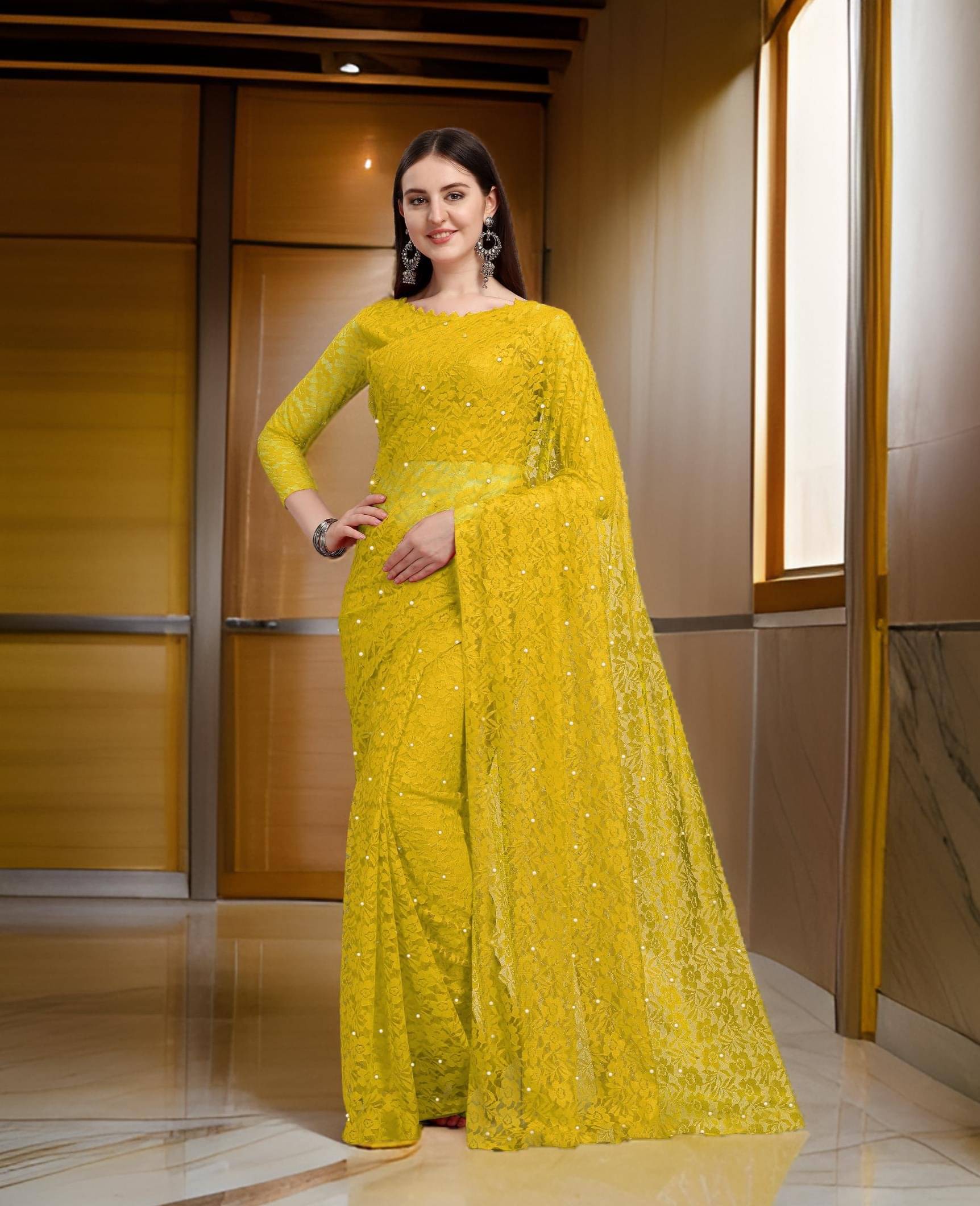     			Fashion Field Net Self Design Saree With Unstitched Blouse Piece ( Yellow )