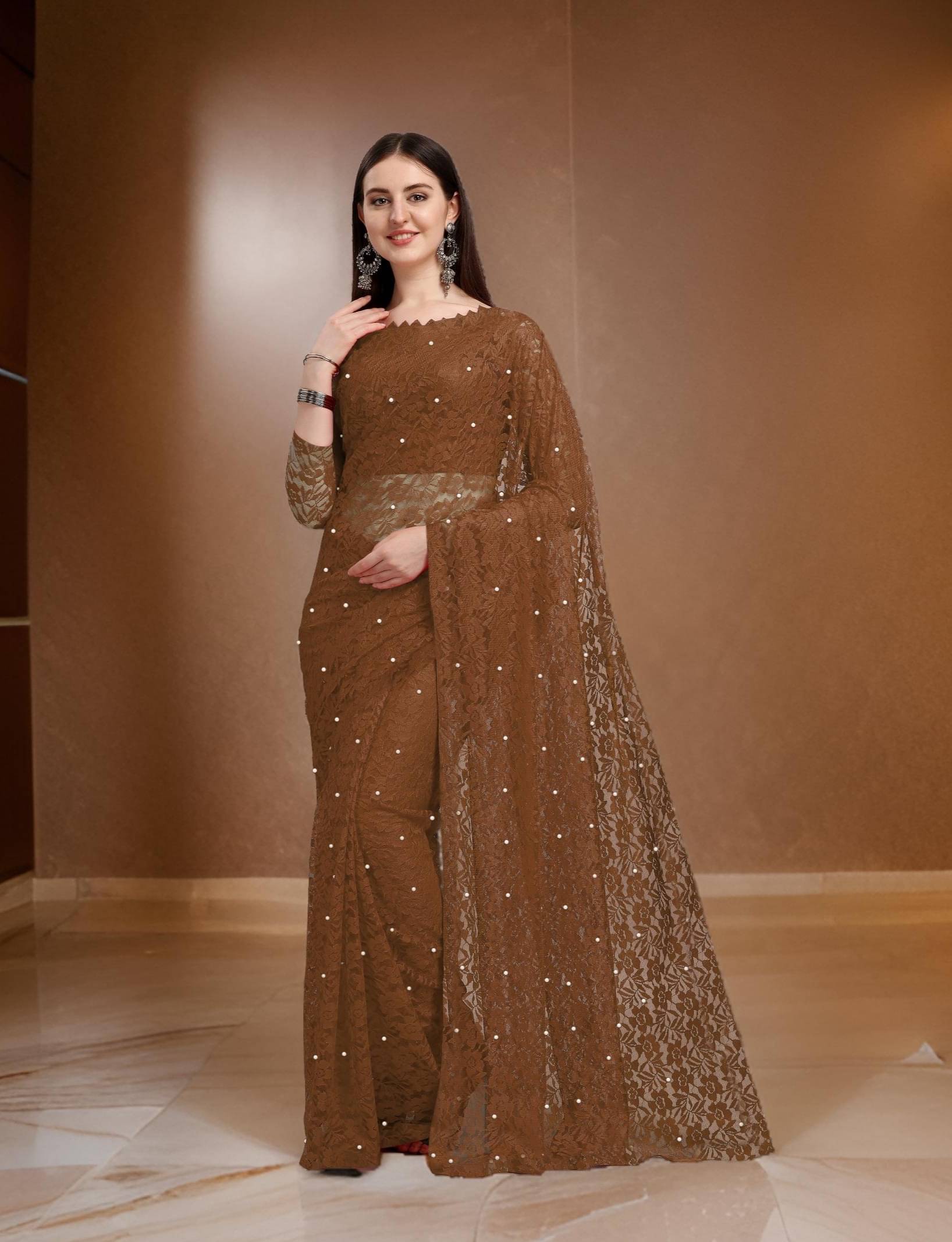Fashion Field Net Self Design Saree With Unstitched Blouse Piece ( Coffee ) Fashion Field Net Self Design Saree With Unstitched Blouse Piece ( Coffee )