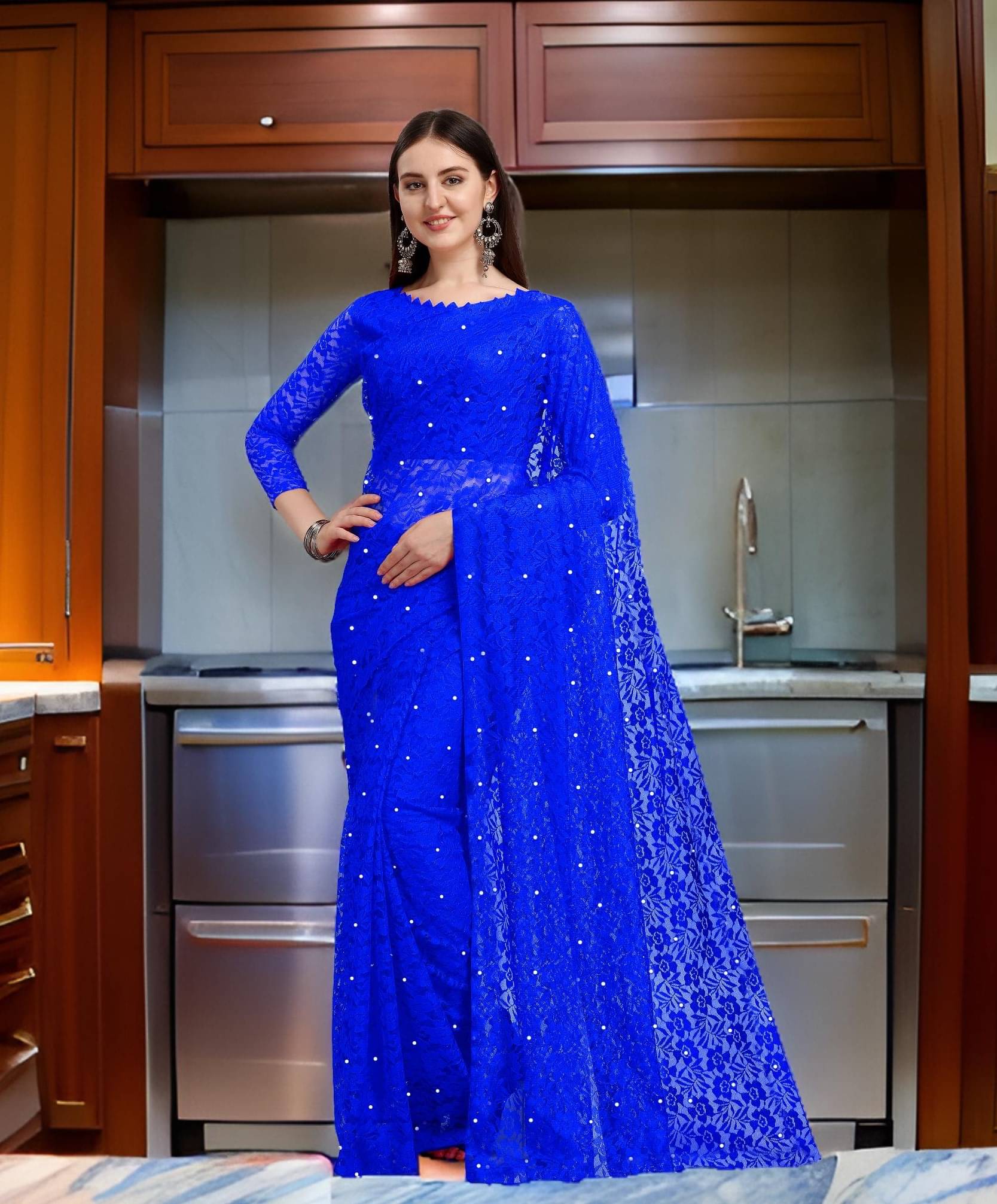 Fashion Field Net Self Design Saree With Unstitched Blouse Piece ( Blue ) Fashion Field Net Self Design Saree With Unstitched Blouse Piece ( Blue )
