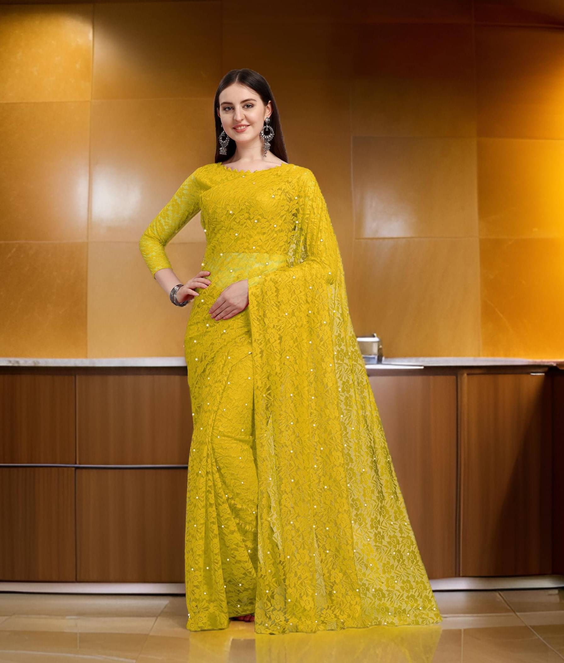 Fashion Field Net Self Design Saree With Unstitched Blouse Piece ( Yellow ) Fashion Field Net Self Design Saree With Unstitched Blouse Piece ( Yellow )