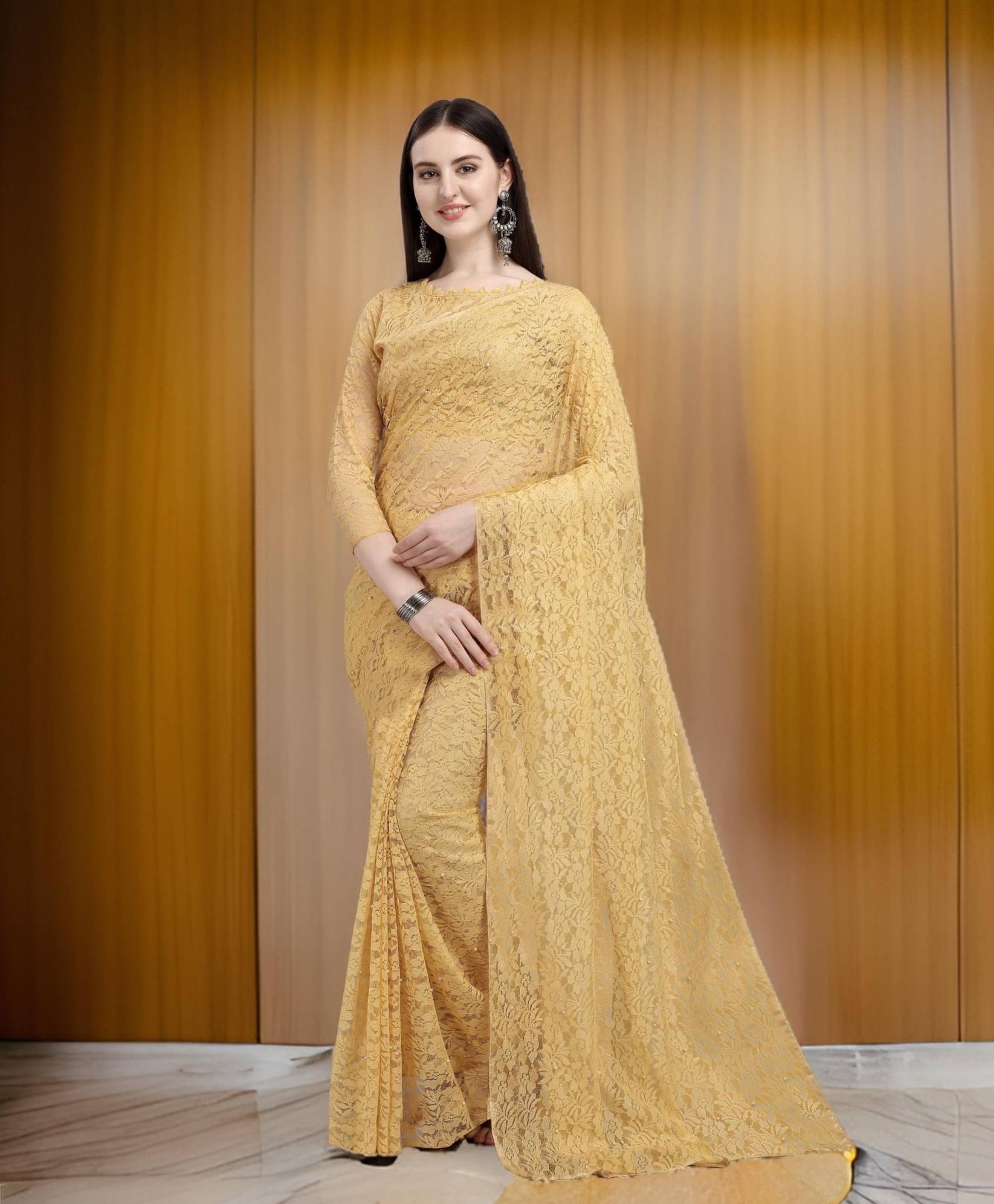     			Fashion Field Net Self Design Saree With Unstitched Blouse Piece ( Brown )