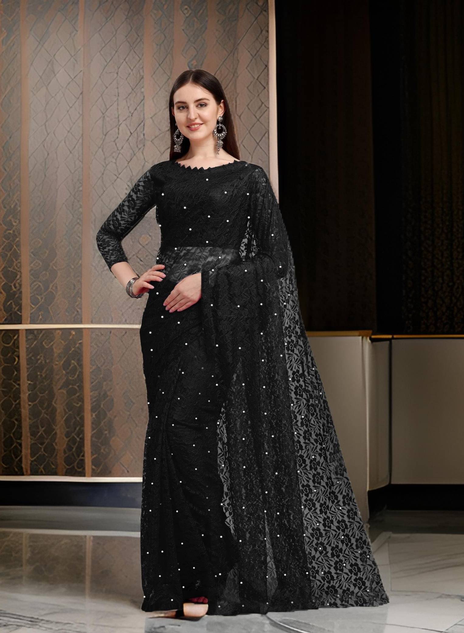 Fashion Field Net Self Design Saree With Unstitched Blouse Piece ( Black ) Fashion Field Net Self Design Saree With Unstitched Blouse Piece ( Black )