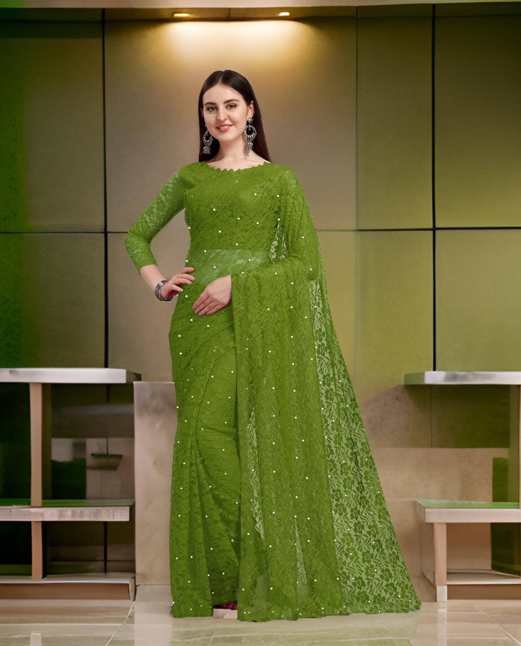 Fashion Field Net Self Design Saree With Unstitched Blouse Piece ( Green ) Fashion Field Net Self Design Saree With Unstitched Blouse Piece ( Green )