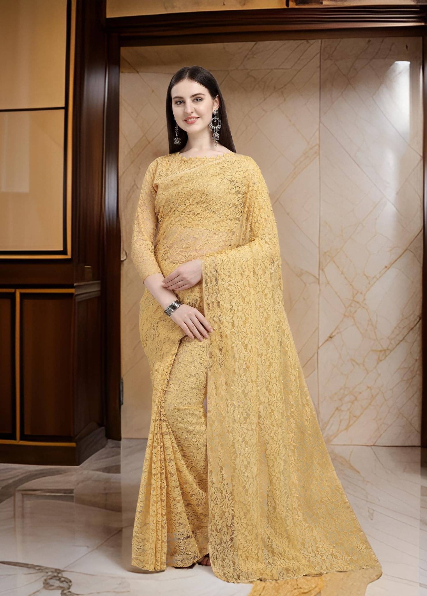     			Fashion Field Net Self Design Saree With Unstitched Blouse Piece ( Brown )