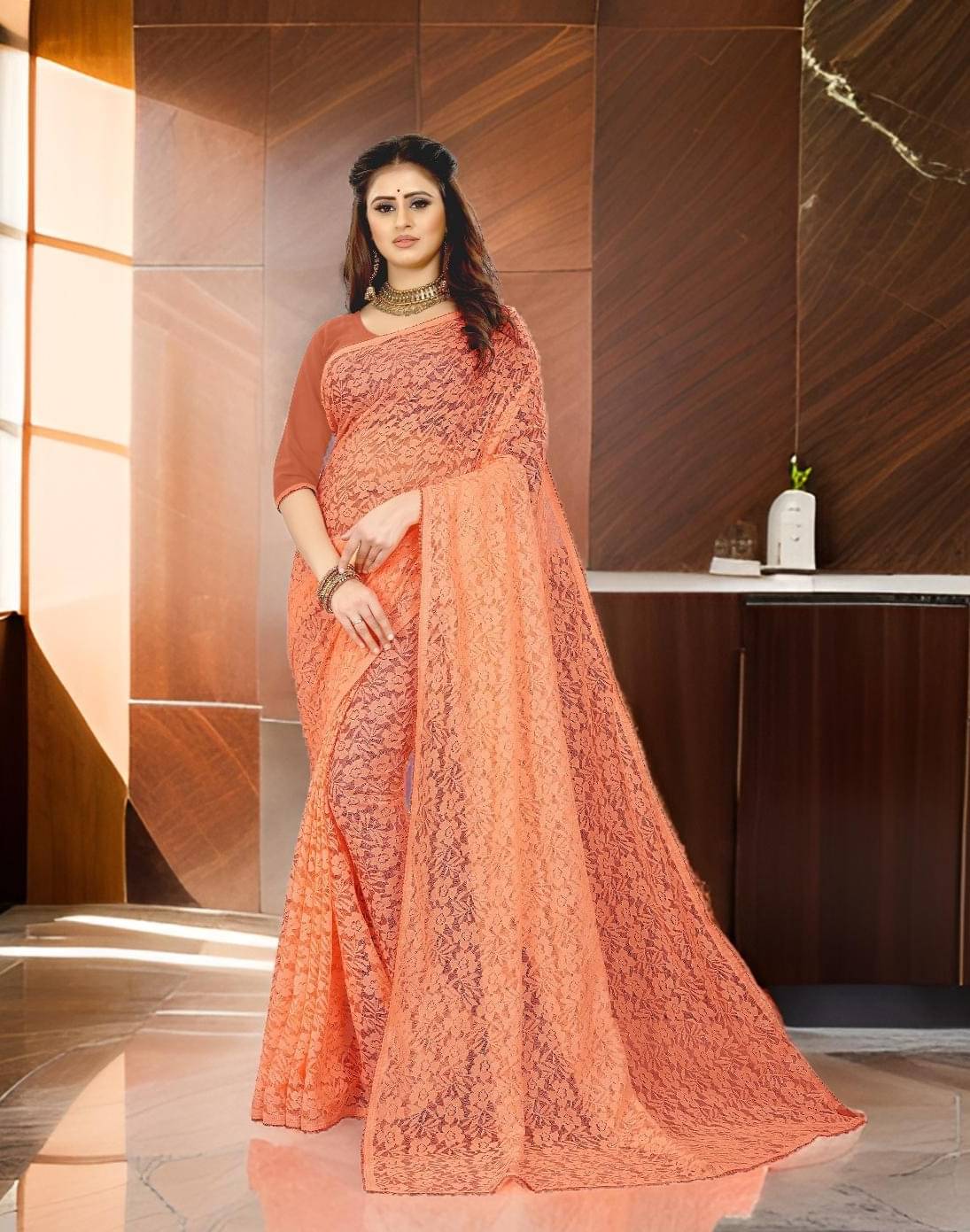Fashion Field Net Self Design Saree With Unstitched Blouse Piece ( Orange ) Fashion Field Net Self Design Saree With Unstitched Blouse Piece ( Orange )