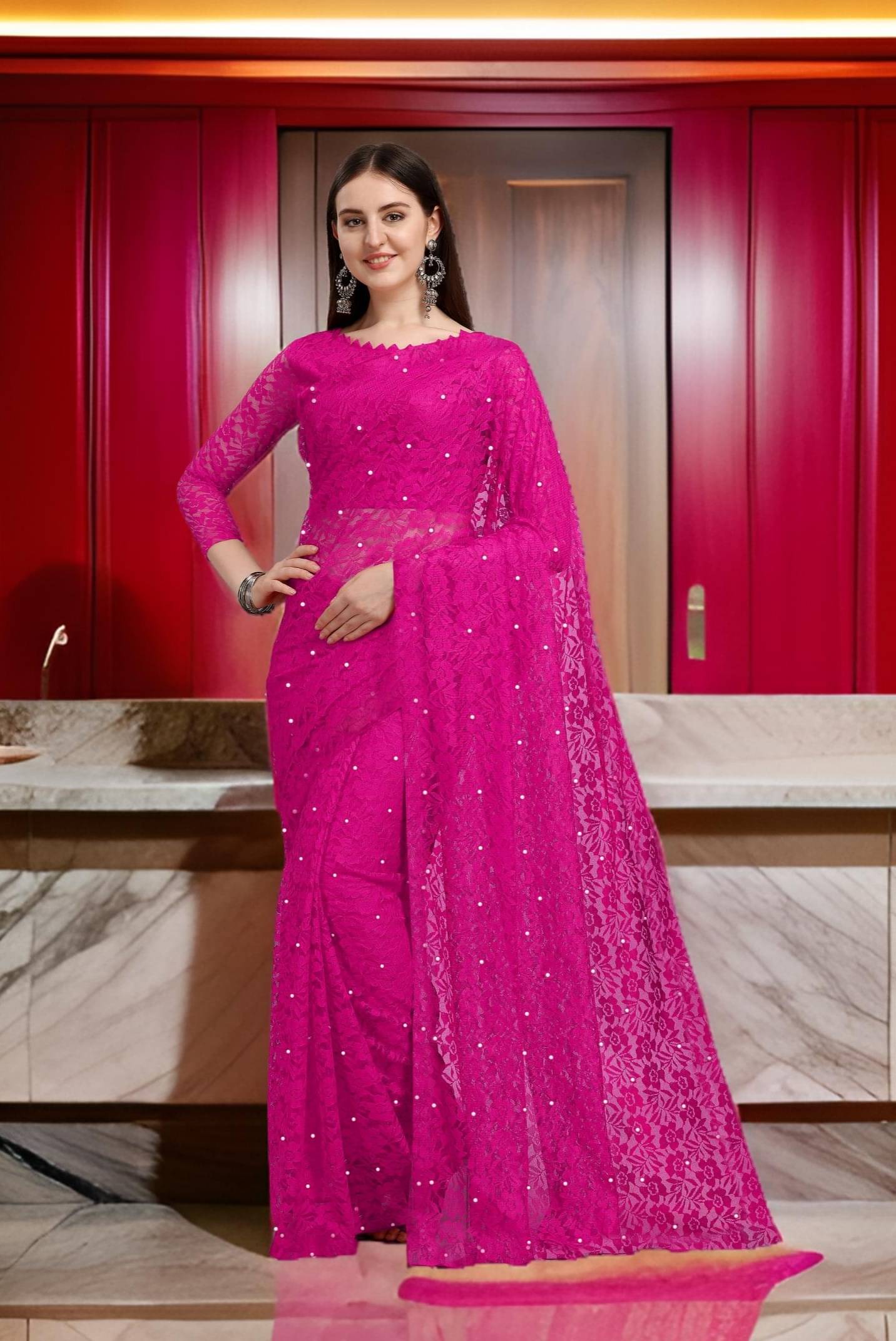Fashion Field Net Self Design Saree With Unstitched Blouse Piece ( Rani ) Fashion Field Net Self Design Saree With Unstitched Blouse Piece ( Rani )