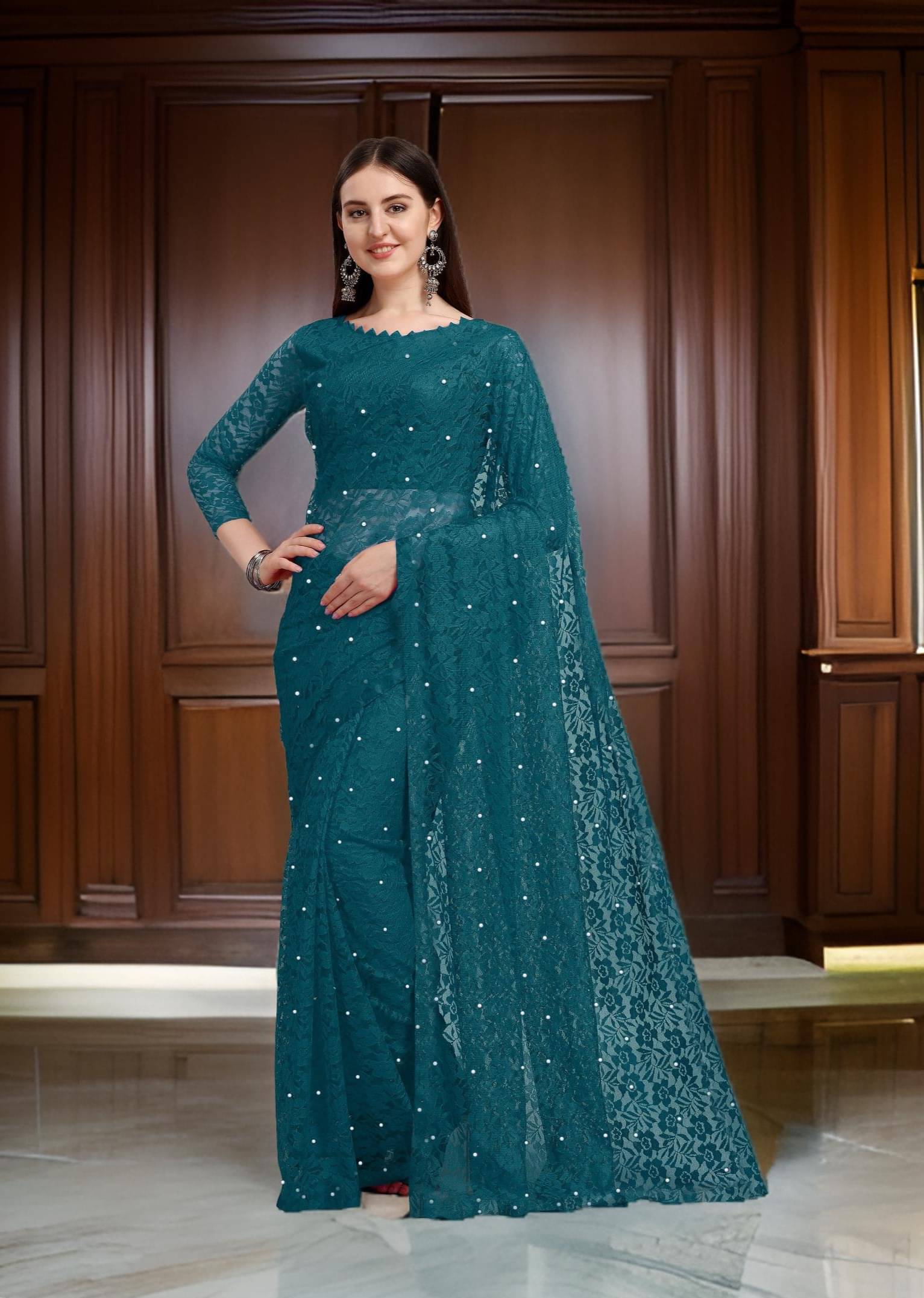     			Fashion Field Net Self Design Saree With Unstitched Blouse Piece ( Rama )