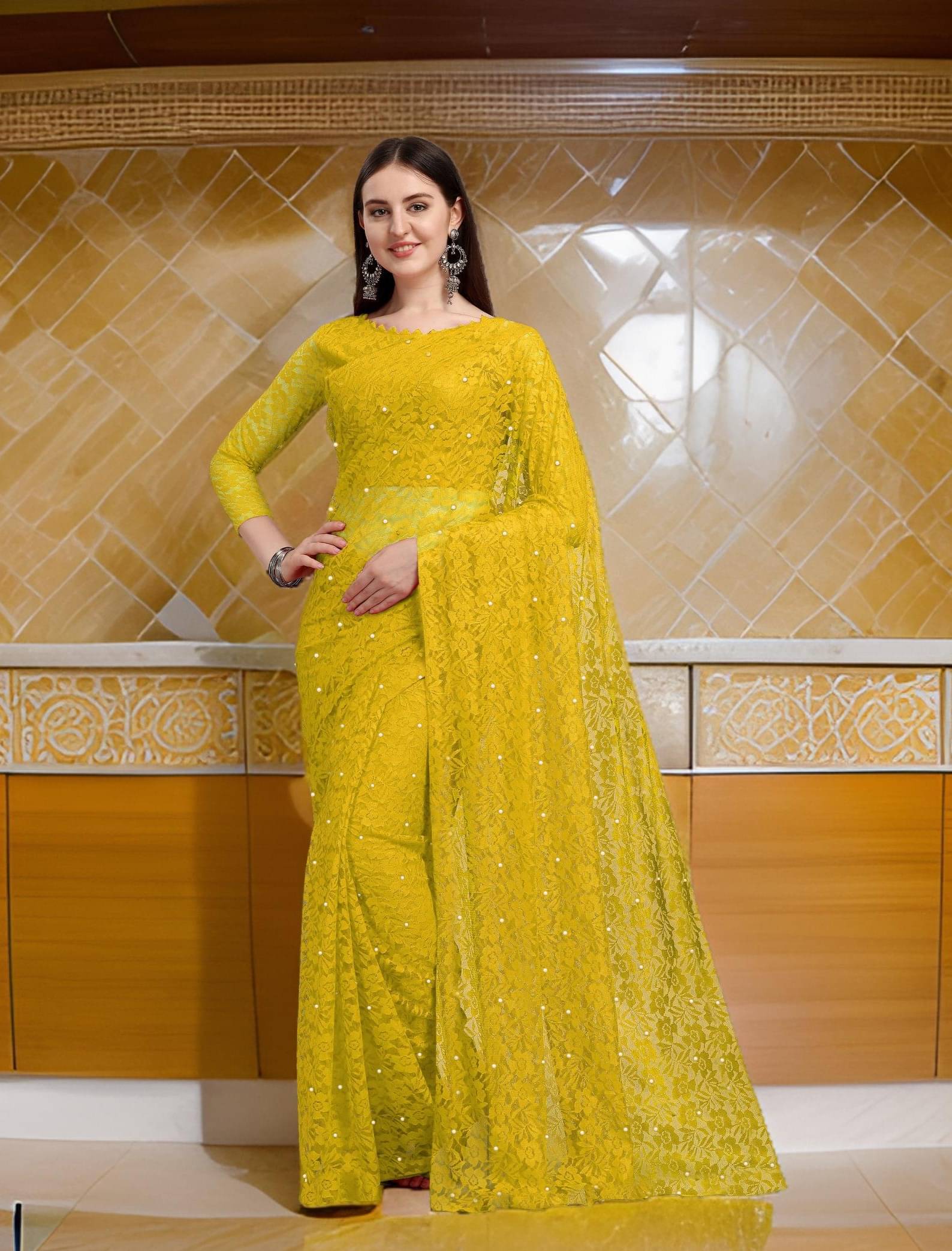 Fashion Field Net Self Design Saree With Unstitched Blouse Piece ( Yellow ) Fashion Field Net Self Design Saree With Unstitched Blouse Piece ( Yellow )