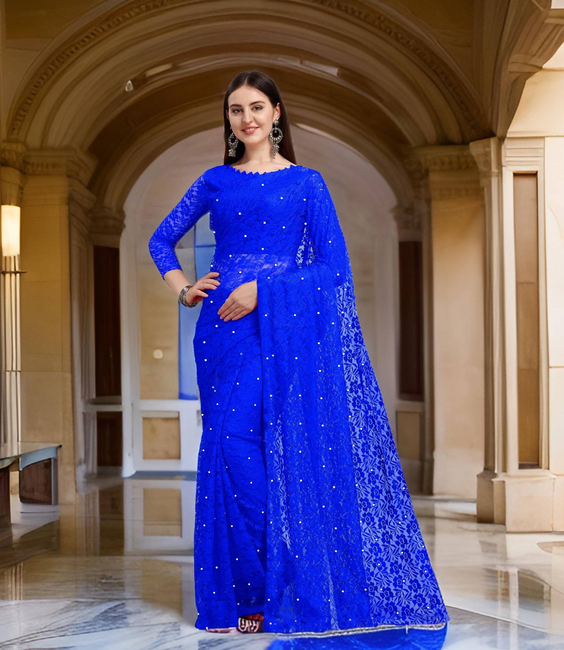 Fashion Field Net Self Design Saree With Unstitched Blouse Piece ( Blue ) Fashion Field Net Self Design Saree With Unstitched Blouse Piece ( Blue )
