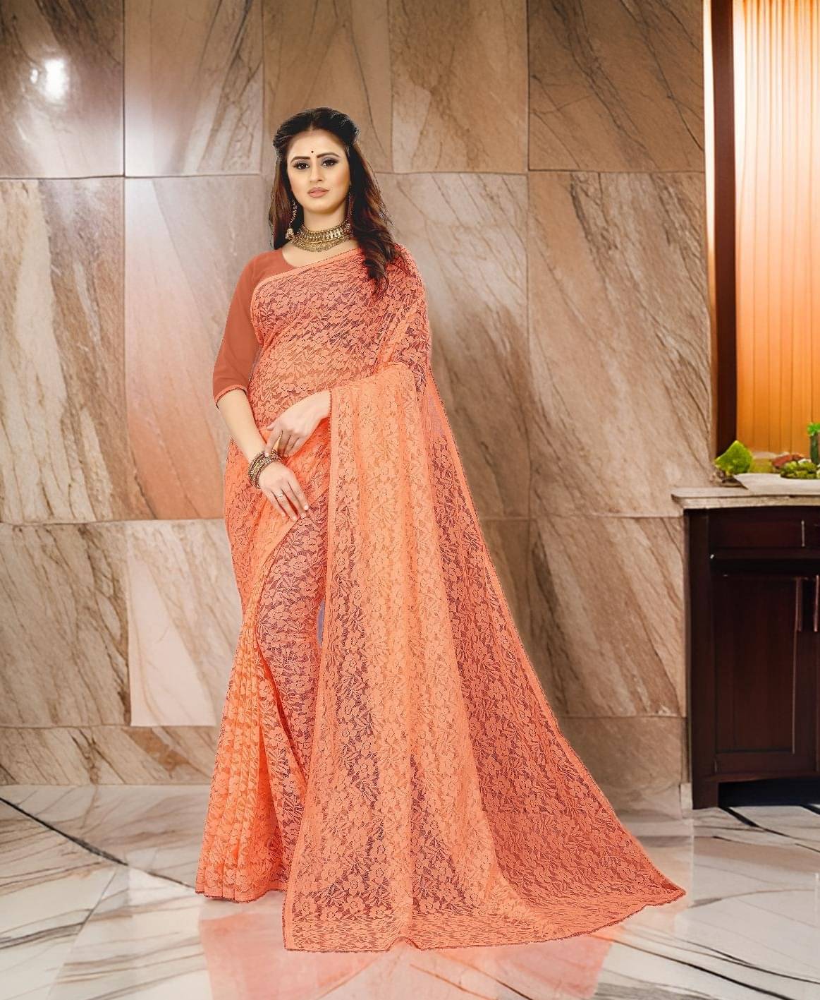 Fashion Field Net Self Design Saree With Unstitched Blouse Piece ( Orange ) Fashion Field Net Self Design Saree With Unstitched Blouse Piece ( Orange )