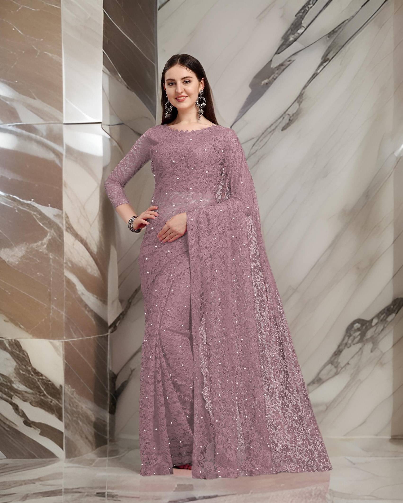    			Fashion Field Net Self Design Saree With Unstitched Blouse Piece ( Purple )