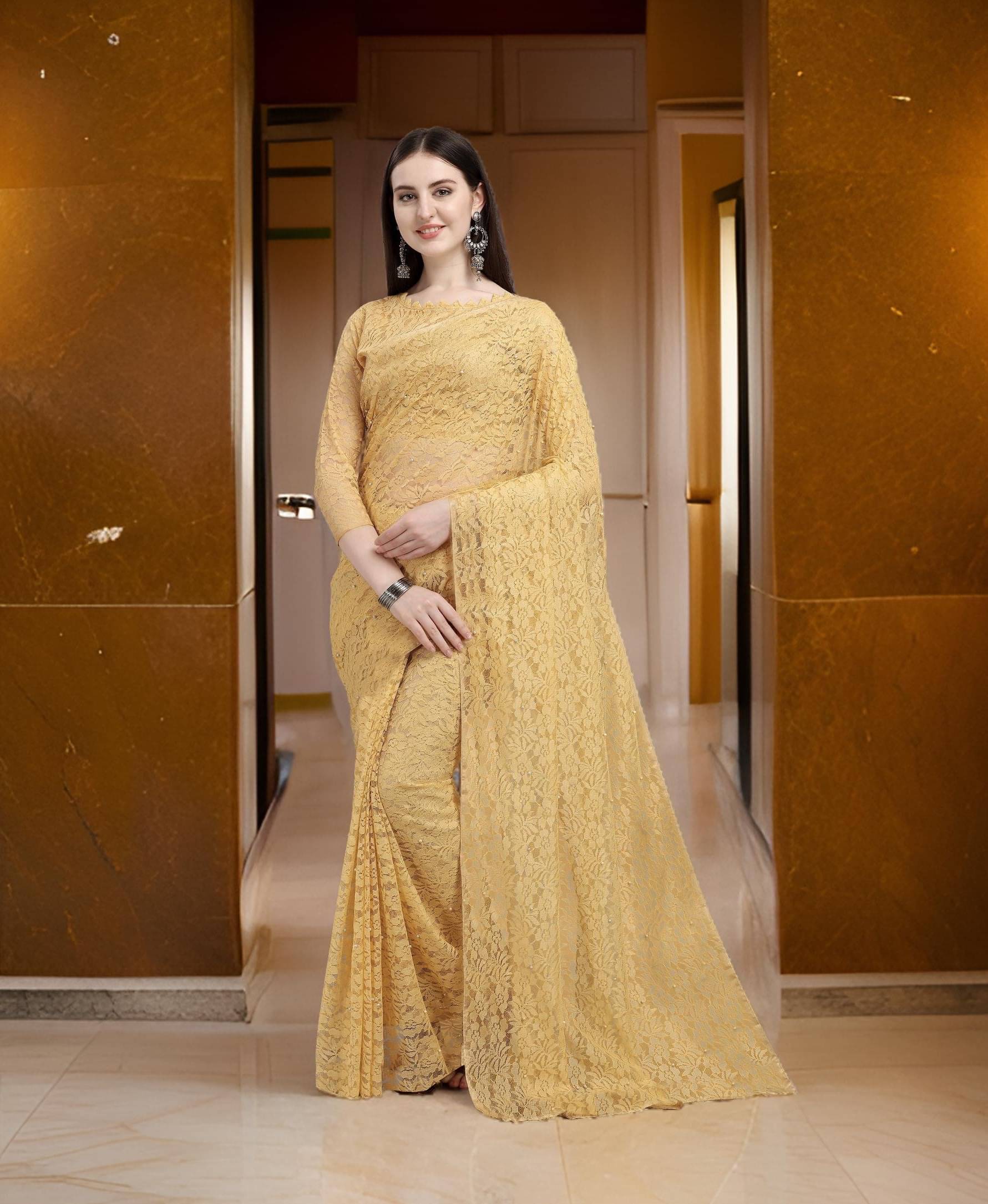     			Fashion Field Net Self Design Saree With Unstitched Blouse Piece ( Brown )