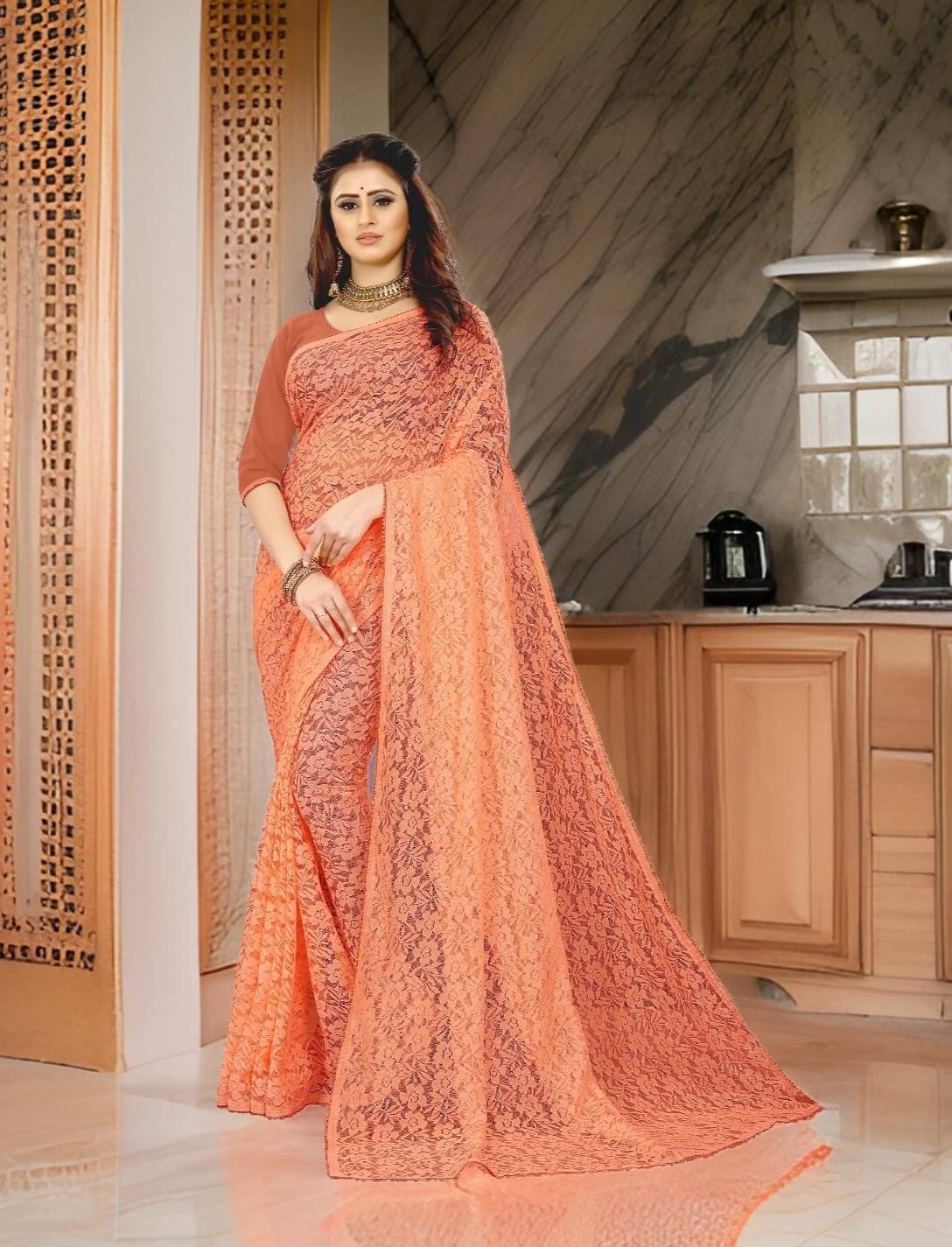Fashion Field Net Self Design Saree With Unstitched Blouse Piece ( Orange ) Fashion Field Net Self Design Saree With Unstitched Blouse Piece ( Orange )