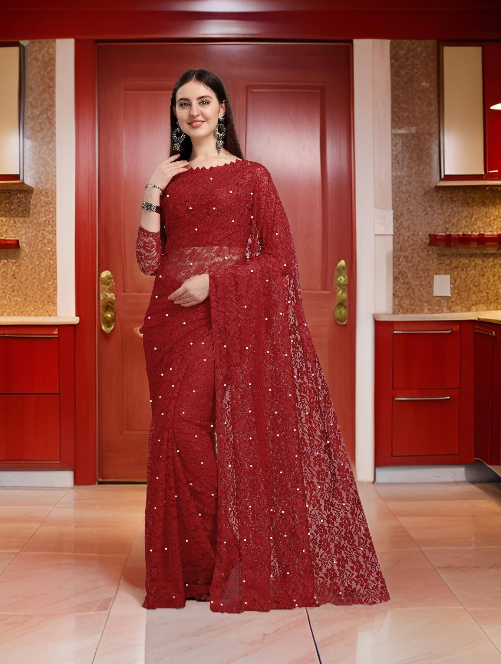     			Fashion Field Net Self Design Saree With Unstitched Blouse Piece ( Maroon )
