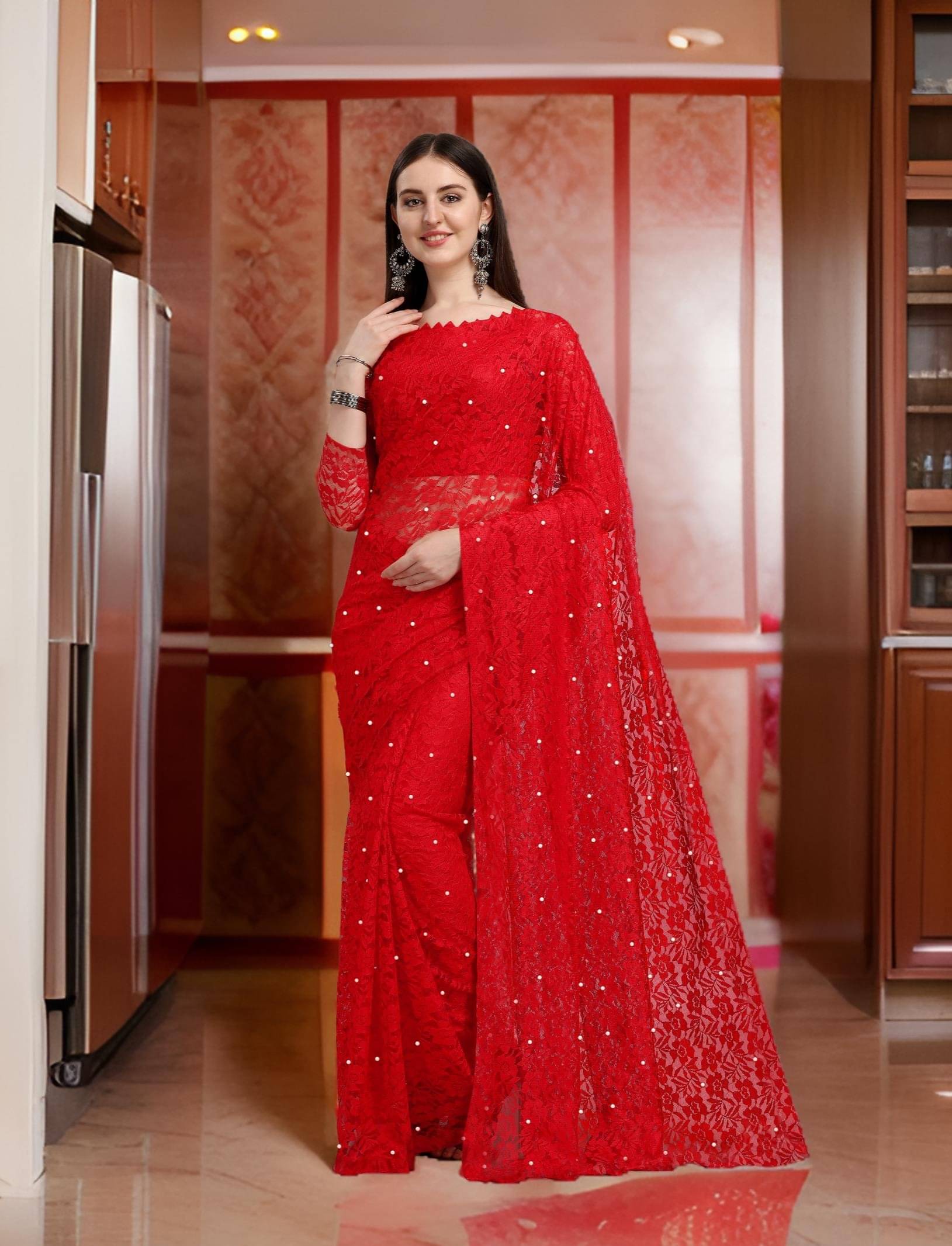 Fashion Field Net Self Design Saree With Unstitched Blouse Piece ( Red ) Fashion Field Net Self Design Saree With Unstitched Blouse Piece ( Red )