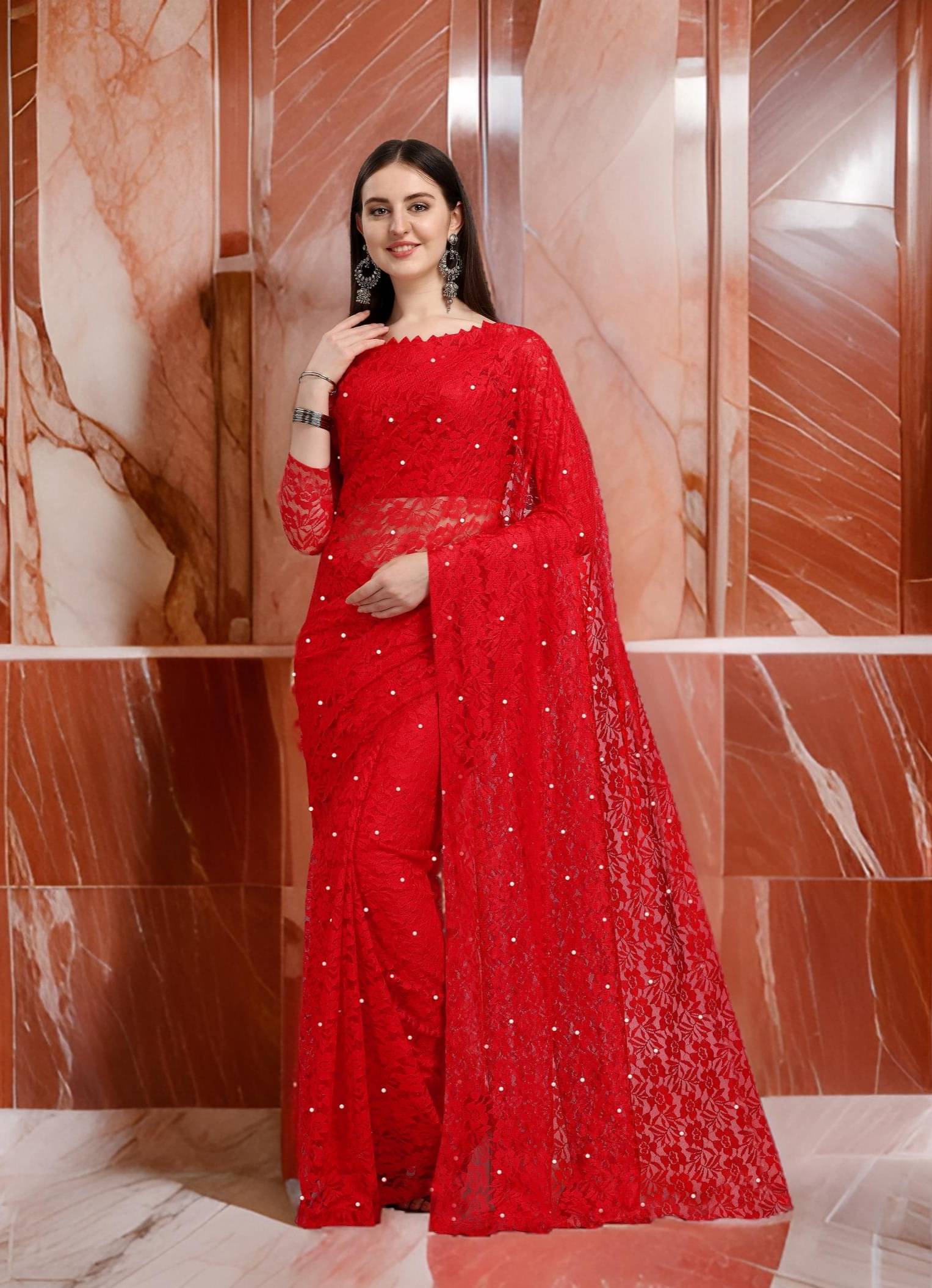     			Fashion Field Net Self Design Saree With Unstitched Blouse Piece ( Red )