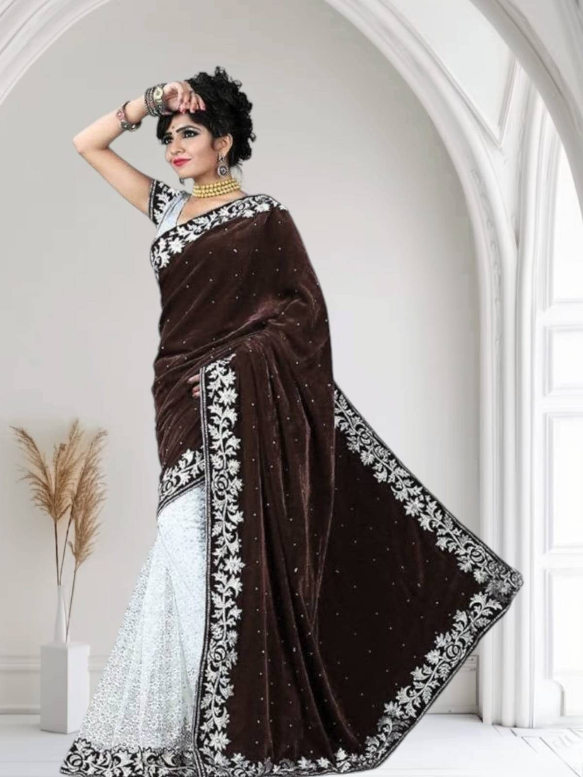     			Fashion Field Velvet Self Design Saree With Unstitched Blouse Piece ( Brown )