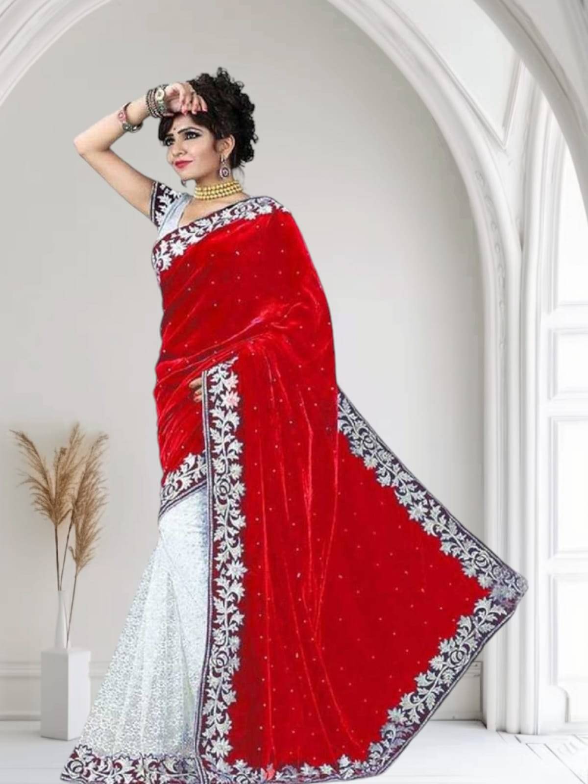     			Fashion Field Velvet Self Design Saree With Unstitched Blouse Piece ( Red )