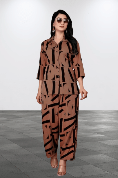 HAVEN_CLOTHING Women Printed Shirt With Palazzos Co-Ord Set ( Coffee ) HAVEN_CLOTHING Women Printed Shirt With Palazzos Co-Ord Set ( Coffee )