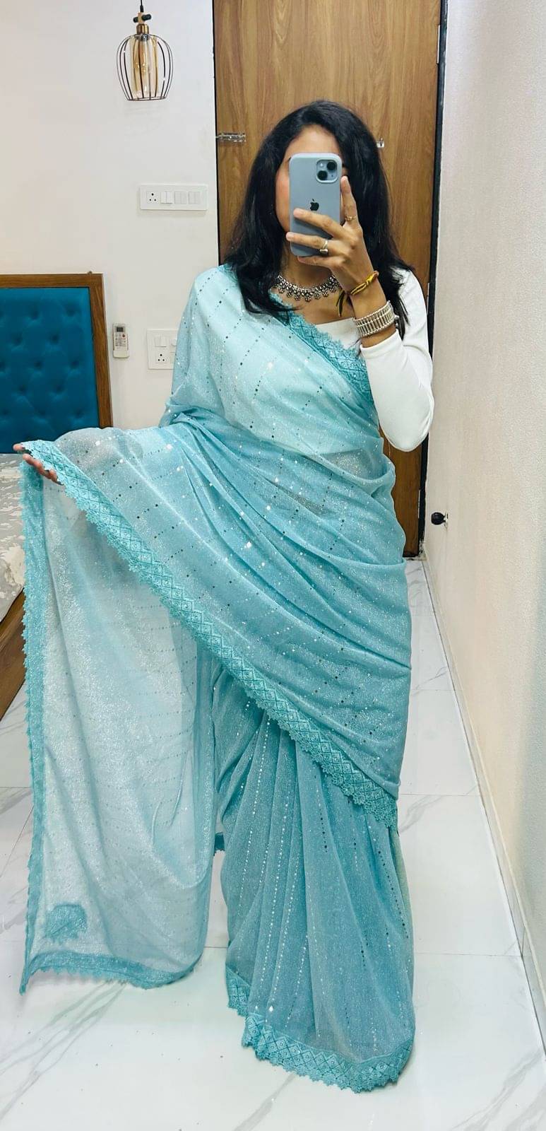 HR Enterprise Cotton Blend Striped Saree With Unstitched Blouse Piece ( Sky Blue )     			HR Enterprise Cotton Blend Striped Saree With Unstitched Blouse Piece ( Sky Blue )