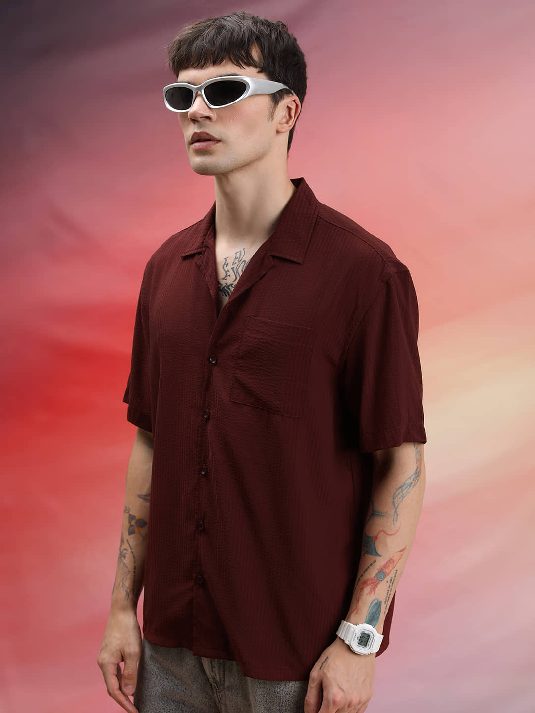 Highlander Polyester Oversized Fit Self Design Half Sleeves Cuban Collar Men's Casual Shirt (Rust)