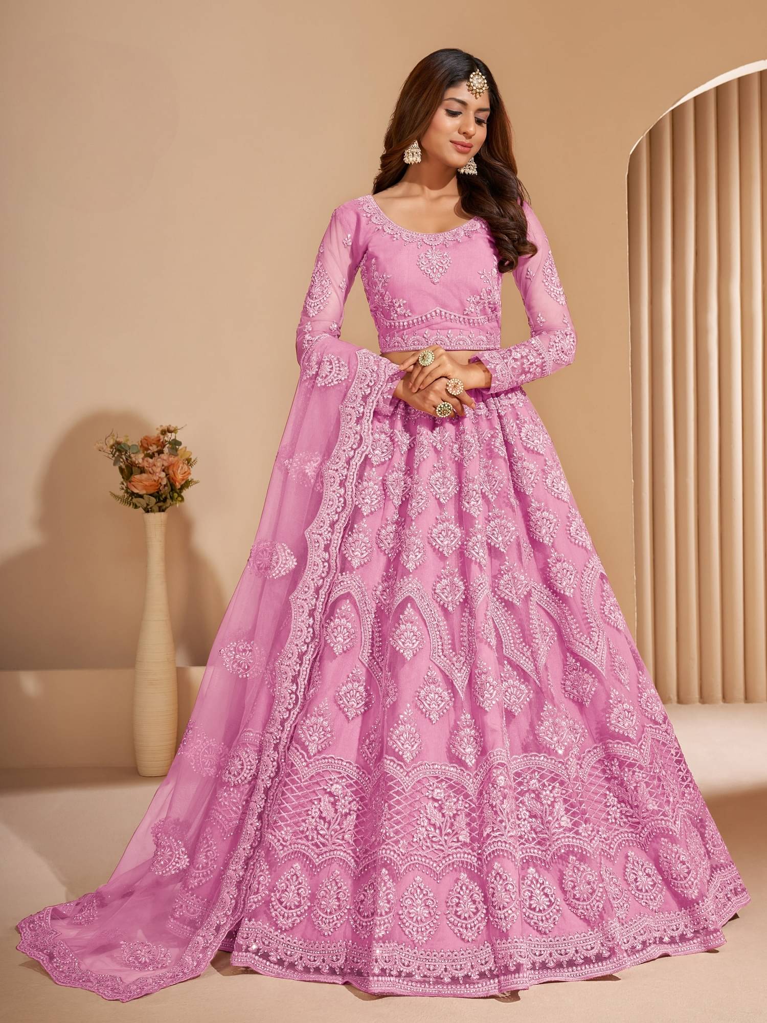 JULEE Pink Net Unstitched Semi Stitched Lehenga Single     			JULEE Pink Net Unstitched Semi Stitched Lehenga Single