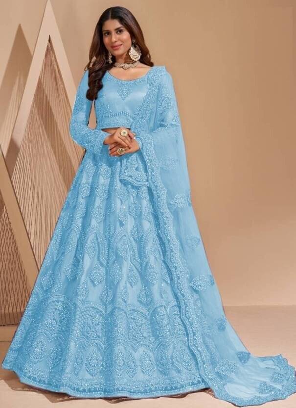 JULEE Turquoise Net Unstitched Semi Stitched Lehenga Single JULEE Turquoise Net Unstitched Semi Stitched Lehenga Single