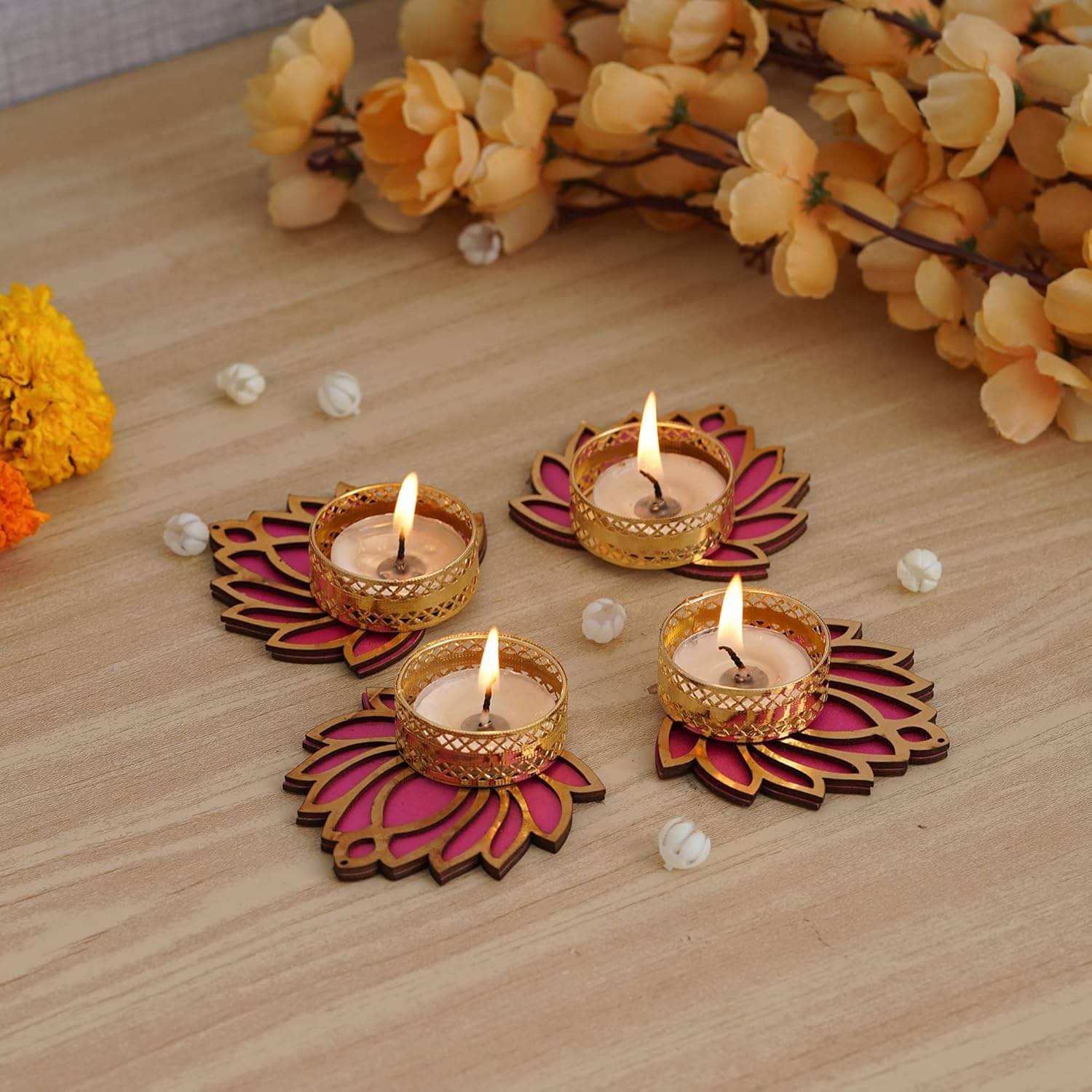     			KOOGLY Floor Wood Tea Light Holder - Pack of 4