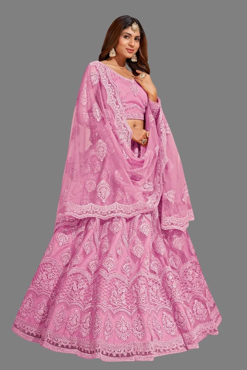     			KV Fashion Pink Net Unstitched Semi Stitched Lehenga Single