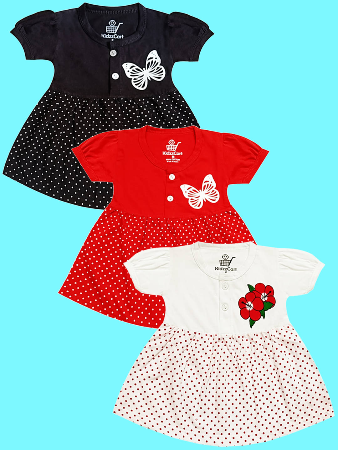     			KidzzCart Pack of 3 Baby Girls Cotton Dress ( Multicolor 1 )