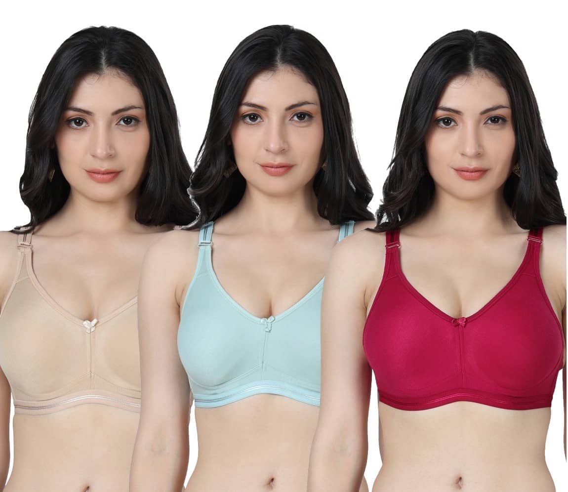 Ladyland Pack of 3 Cotton Blend Non Padded Everyday Bra For Women ( Multicolor )