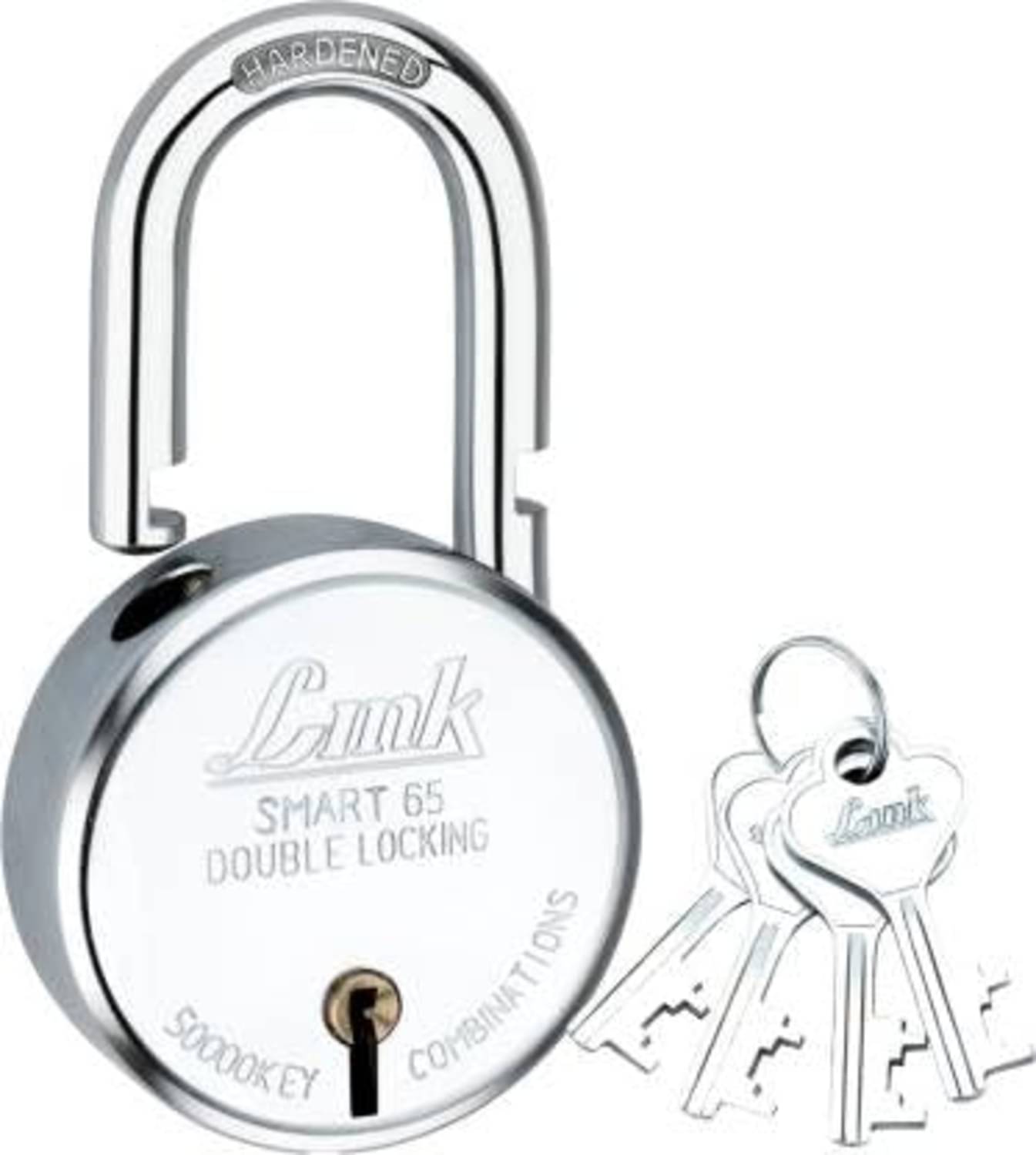 Link Smart 65mm Round Padlock – 7 Levers, Double Locking, Hardened Shackle, 50,000 Key Combinations, Steel Body, 4 Silver Keys Link Smart 65mm Round Padlock – 7 Levers, Double Locking, Hardened Shackle, 50,000 Key Combinations, Steel Body, 4 Silver Keys