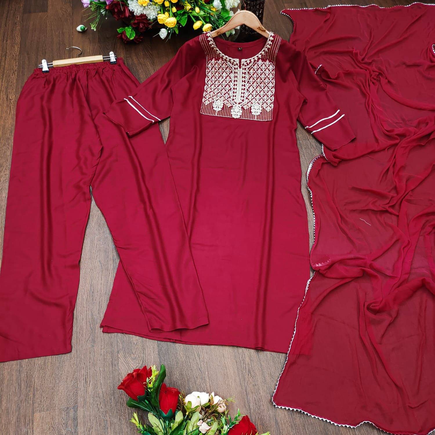 Mahek Fashion Women Rayon Embroidered Straight Kurti With Pants ( Maroon ) Mahek Fashion Women Rayon Embroidered Straight Kurti With Pants ( Maroon )