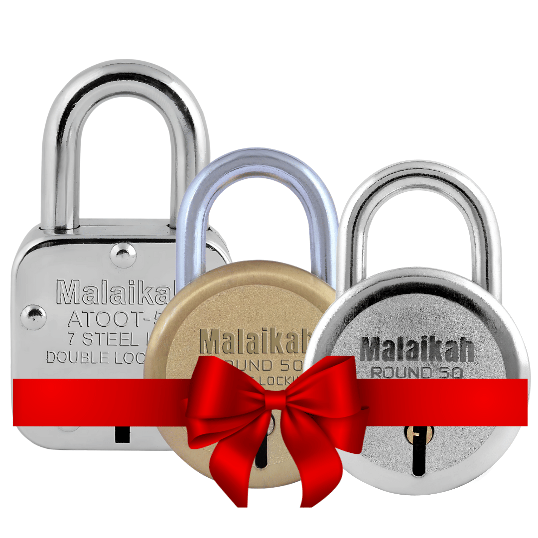 Malaikah Padlocks Buy 2 Get 1 Free/ 1 Square Padlock 50mm with 2 Round Padlock 50mm / Bright Chrome Plated Finish & Gold Finish /Door Lock, Shutter Lock, Godown Lock, home gates, Lock & Key