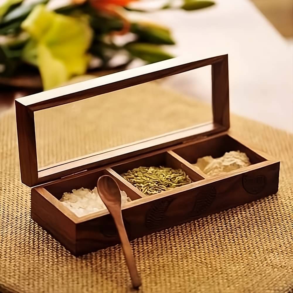     			Mizan art Wooden spice box Wooden Brown Spice Container ( Set of 1 )