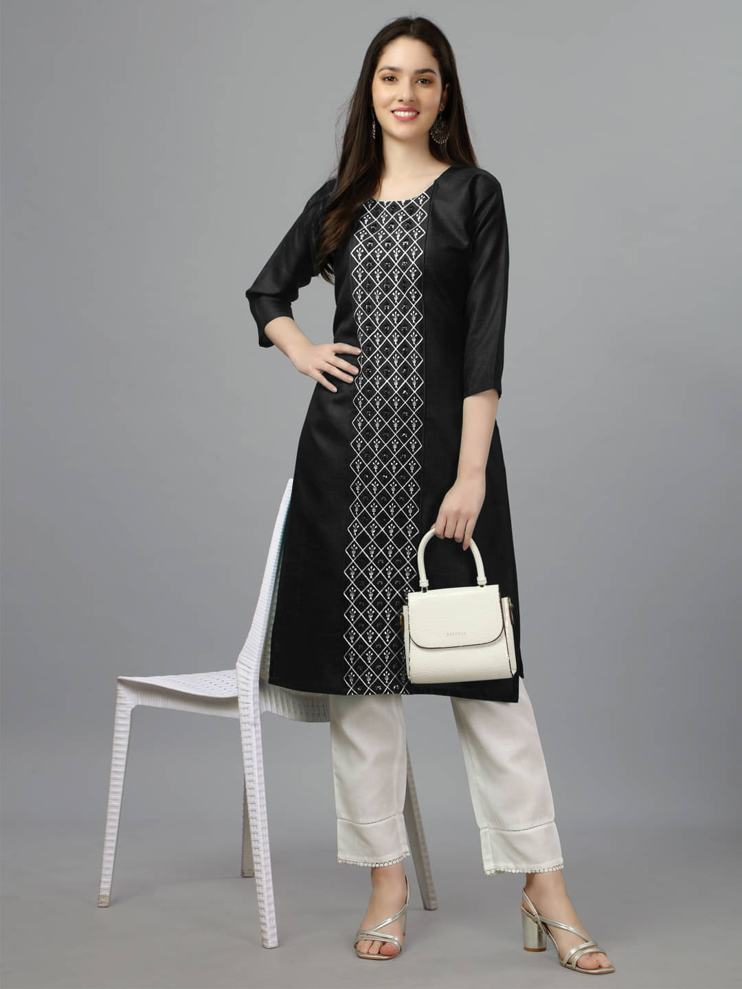 Replicraft Store Women's Cotton Blend Embroidered Straight Kurti - ( Black ) Replicraft Store Women's Cotton Blend Embroidered Straight Kurti - ( Black )