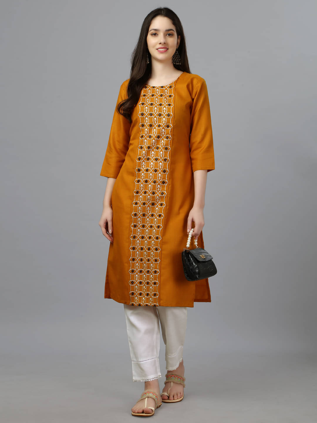 Replicraft Store Women's Cotton Blend Embroidered Straight Kurti - ( Mustard ) Replicraft Store Women's Cotton Blend Embroidered Straight Kurti - ( Mustard )