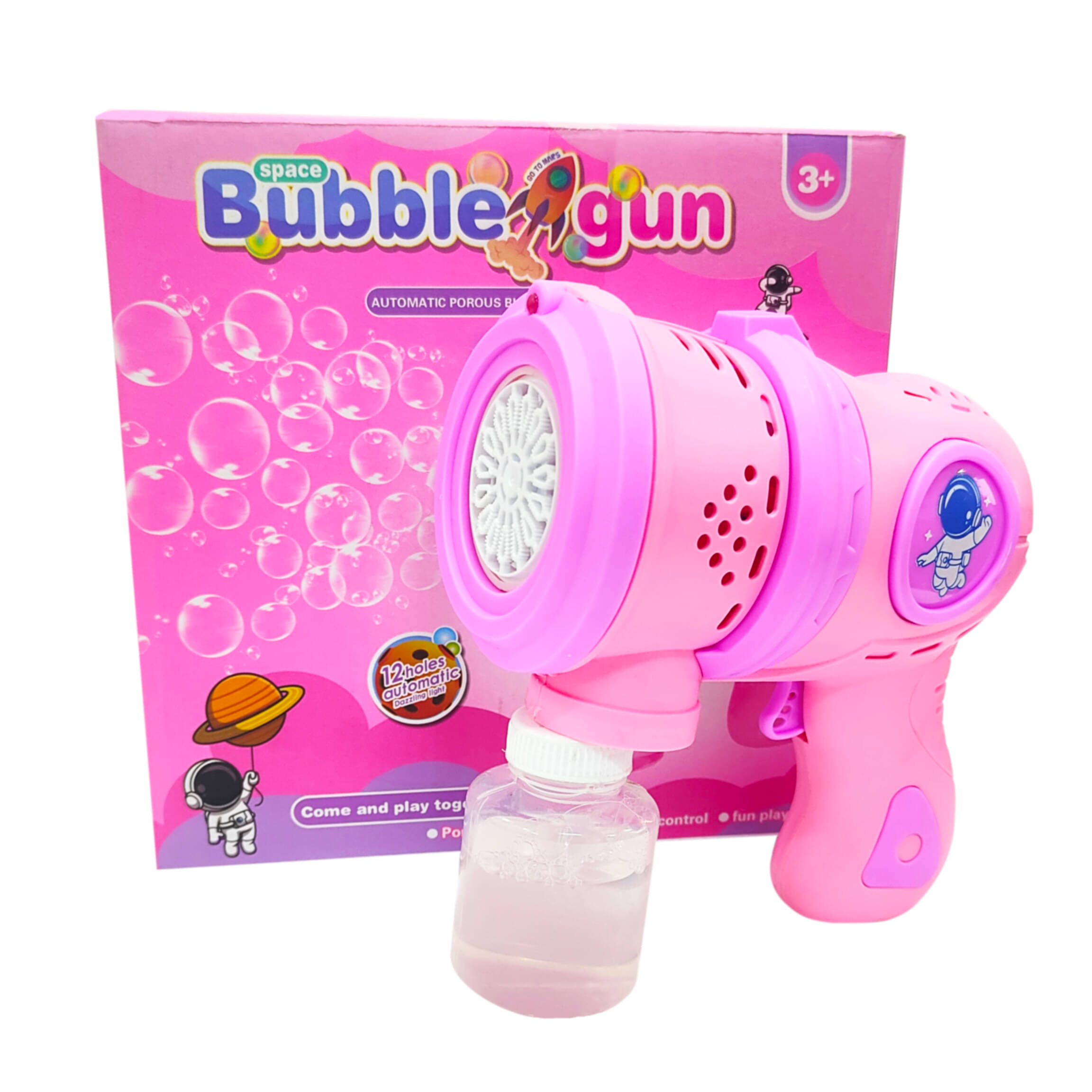     			TOY DEKHO Space Bubble Maker Gun for Kids Automatic Electric Toy with LED Light 5000+ Bubbles Per Minute Leak Proof Machine with Liquid Fun for Toddlers Bath Tub and Outdoor Play Pink with Fan Effect