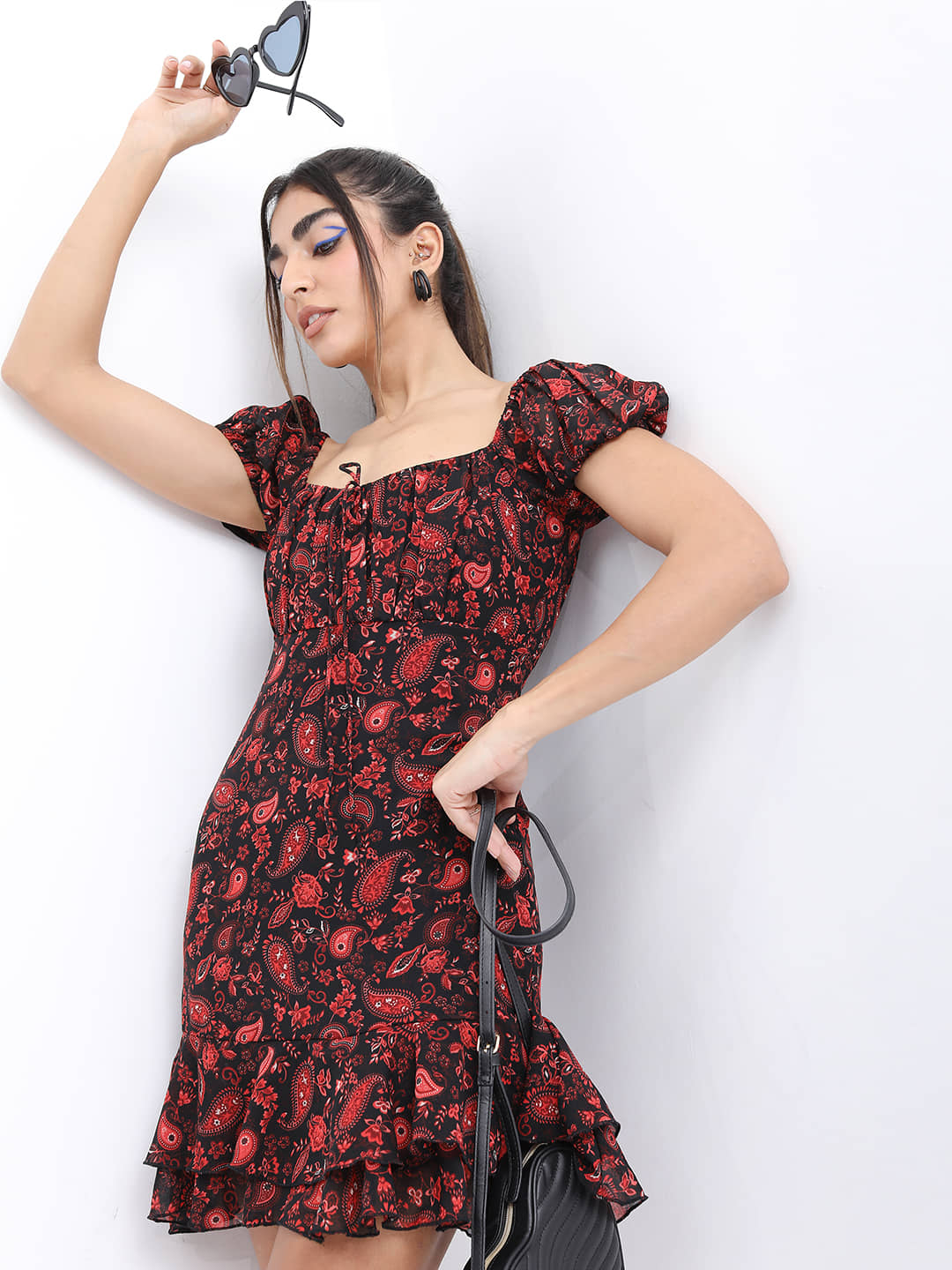 Tokyo Talkies Women Polyester Printed A-line Dress ( Black )