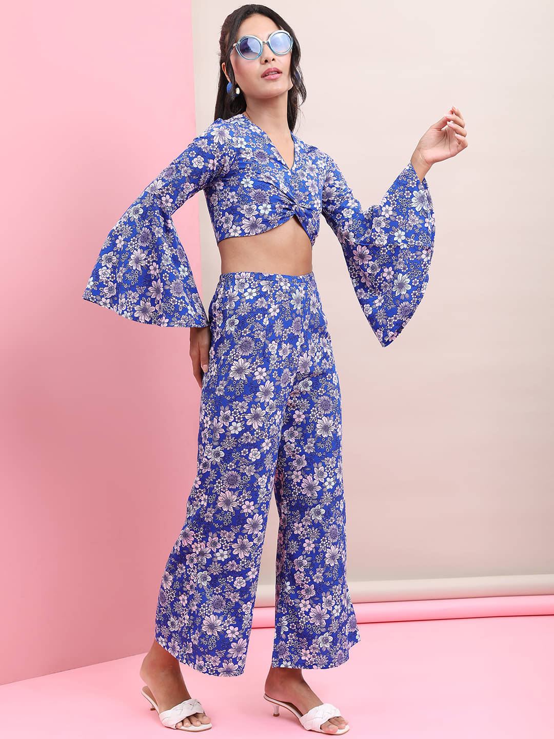     			Tokyo Talkies Women Printed Top With Palazzos Co-Ord Set ( Blue )