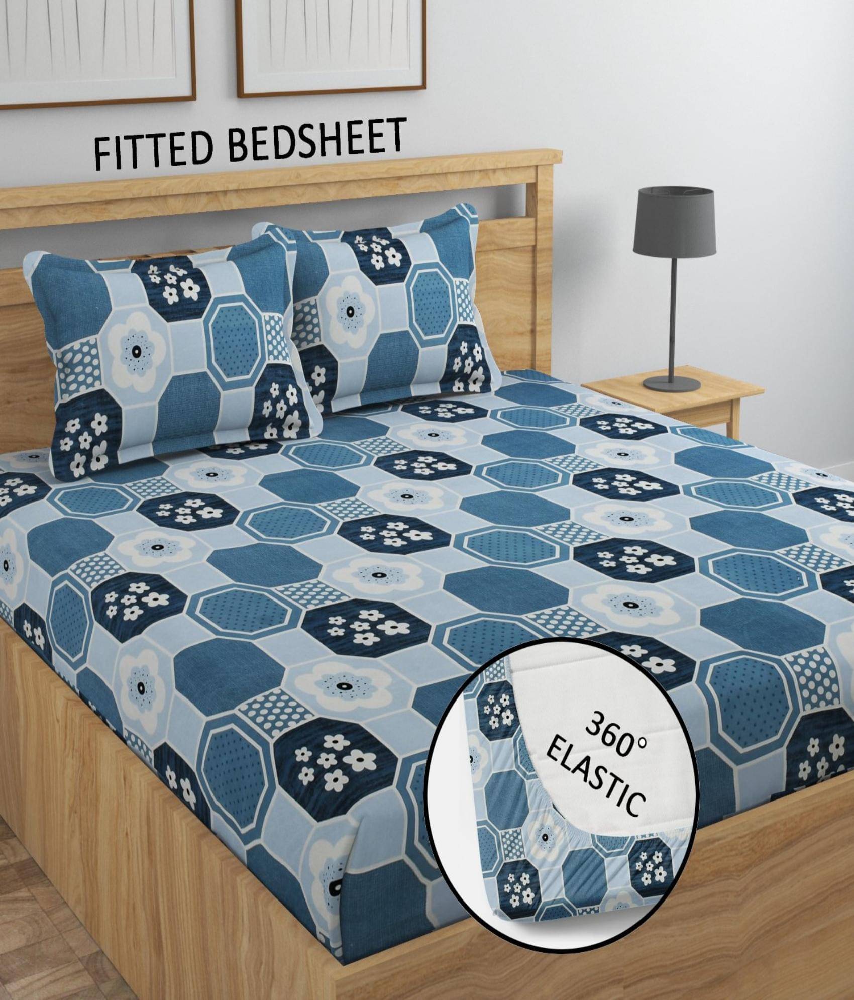     			YKNIP Cotton Geometric Fitted 1 Bedsheet with 2 Pillow Covers ( King Size ) - Blue