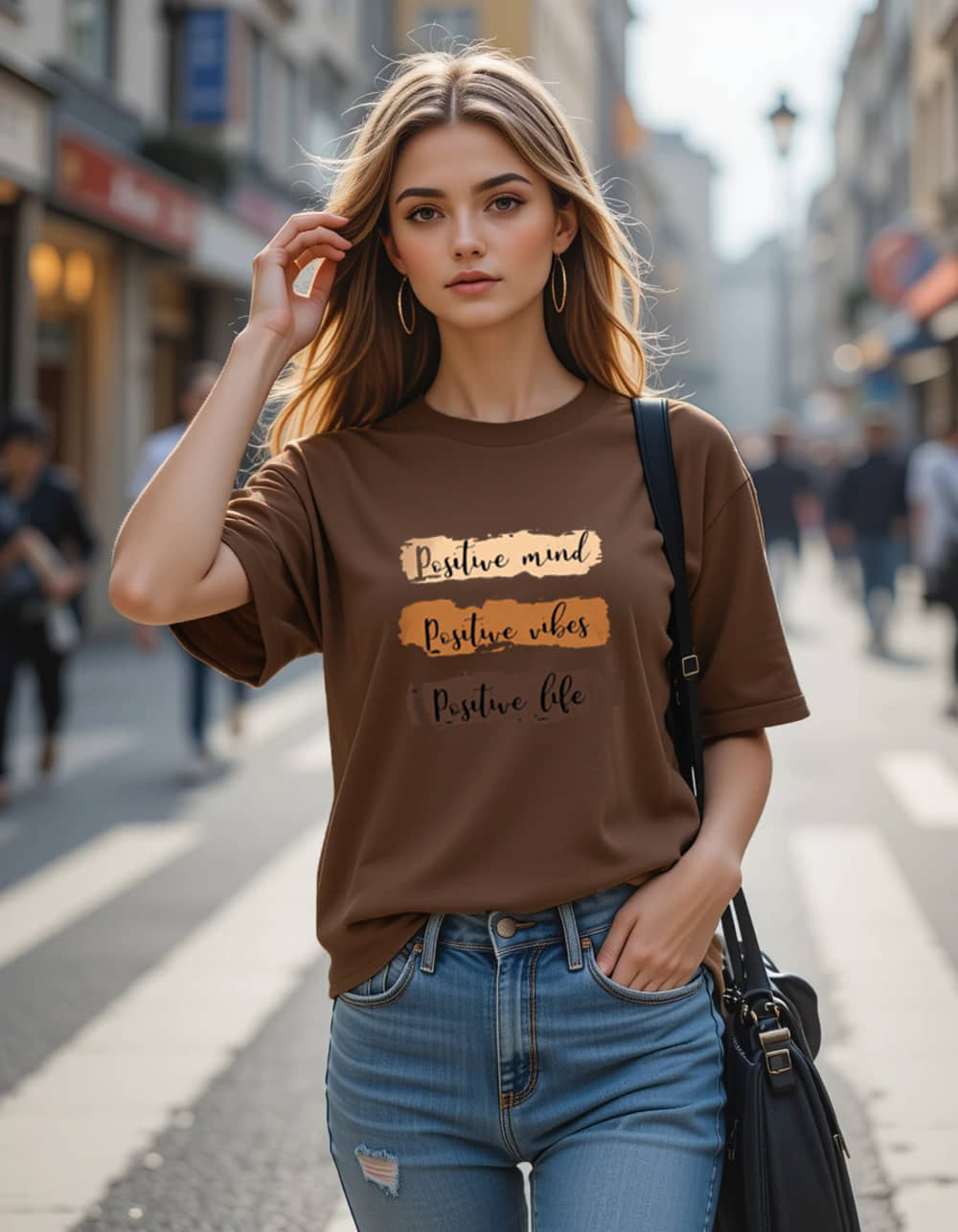 clafoutis Women Cotton Printed Oversized Round Neck T-Shirt ( Brown )