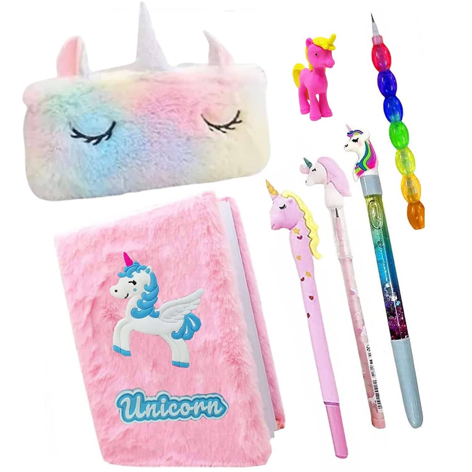     			unicorn stationery Diary Combo for Girls/Unicorn Fur Pouch for Girls/Unicorn Pencil, Unicorn Water Pen, Unicorn Pen, Lento Pencil & Eraser Stationery Set (Pack of 7)