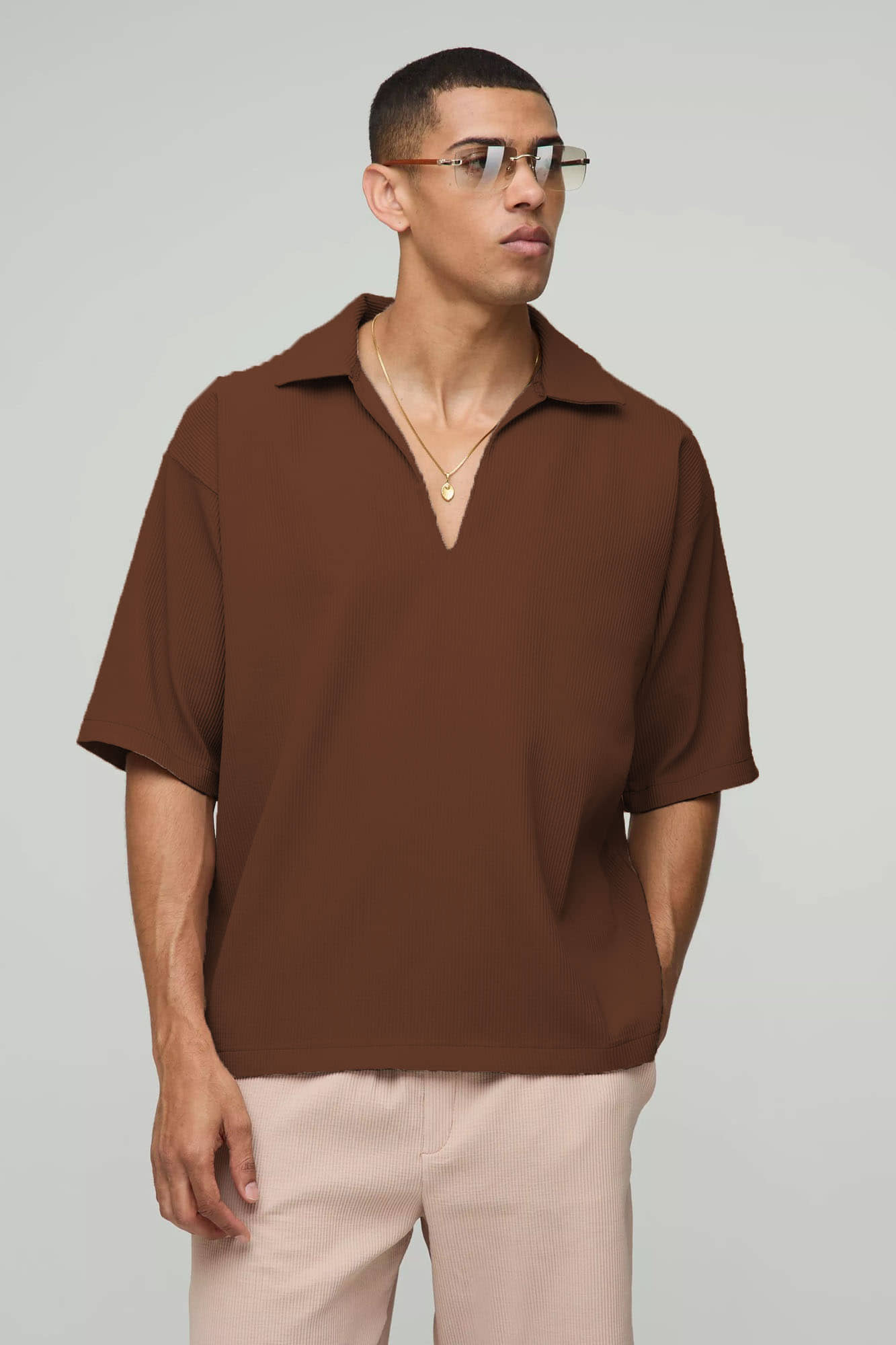 wanquila Men Cotton Blend Oversized Fit Popcorn Textured Polo T Shirt ( Brown )