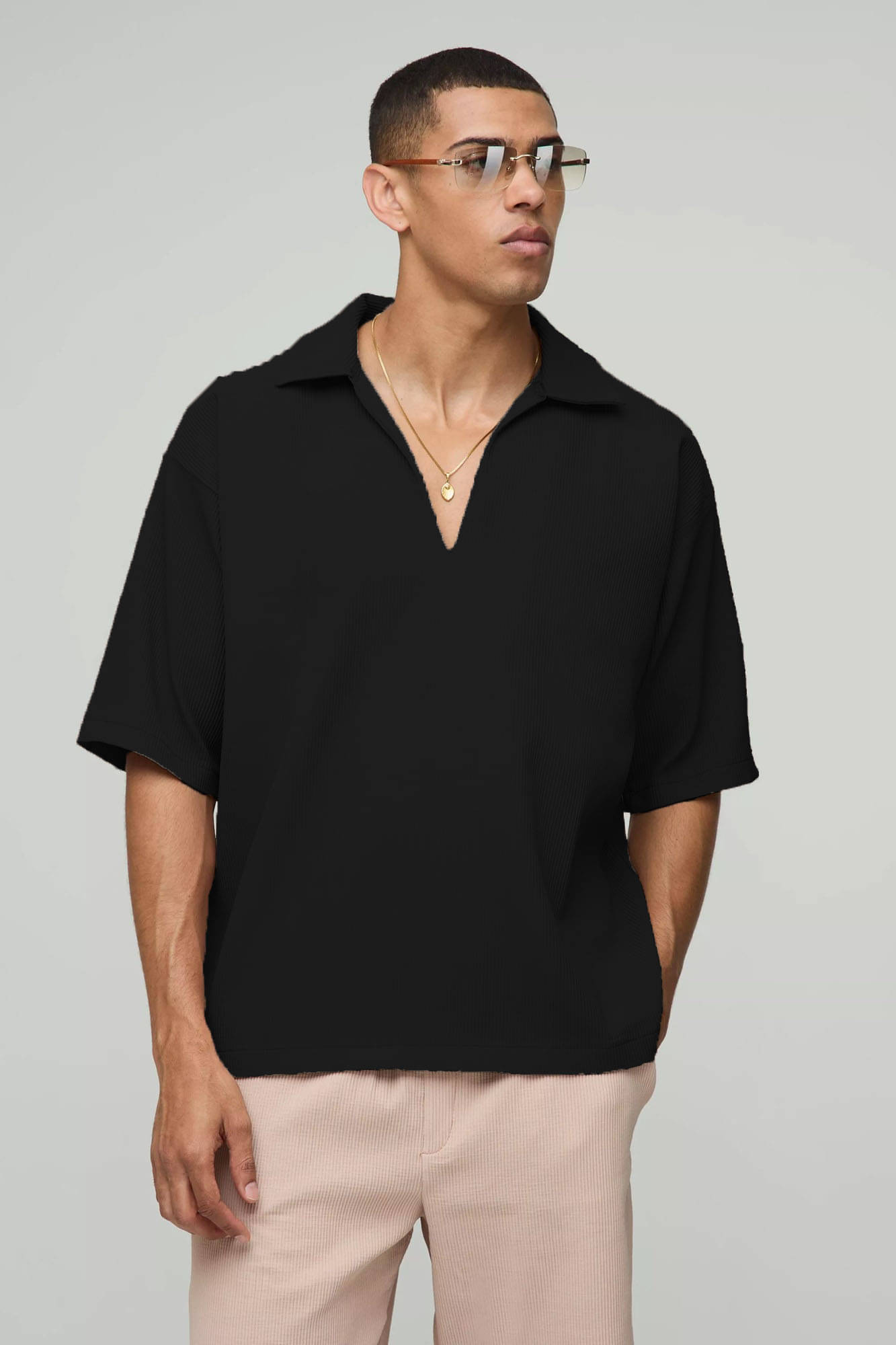 wanquila Men Cotton Blend Oversized Fit Popcorn Textured Polo T Shirt ( Black )     			wanquila Men Cotton Blend Oversized Fit Popcorn Textured Polo T Shirt ( Black )